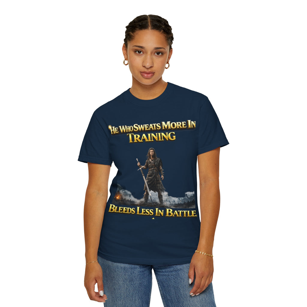 Training Warrior T-Shirt — "He Who Sweats More in Training Bleeds Less in Battle" Printify