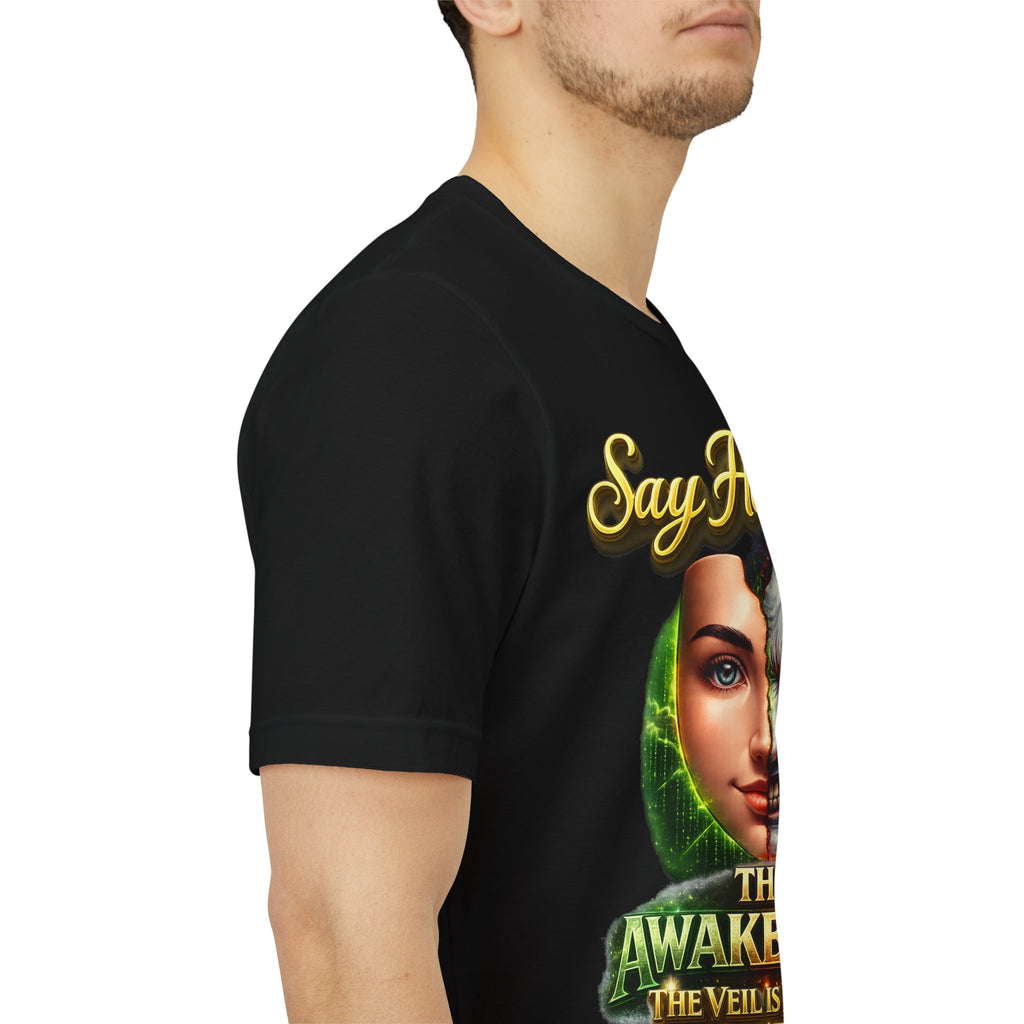 Horror Mask Split Face Tee — "Say Hello To Your Family and Friends" Graphic T-Shirt Printify