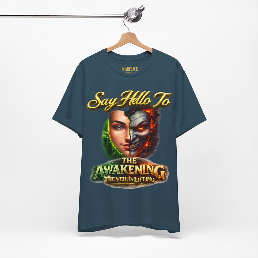 Horror Mask Split Face Tee — "Say Hello To Your Family and Friends" Graphic T-Shirt Printify