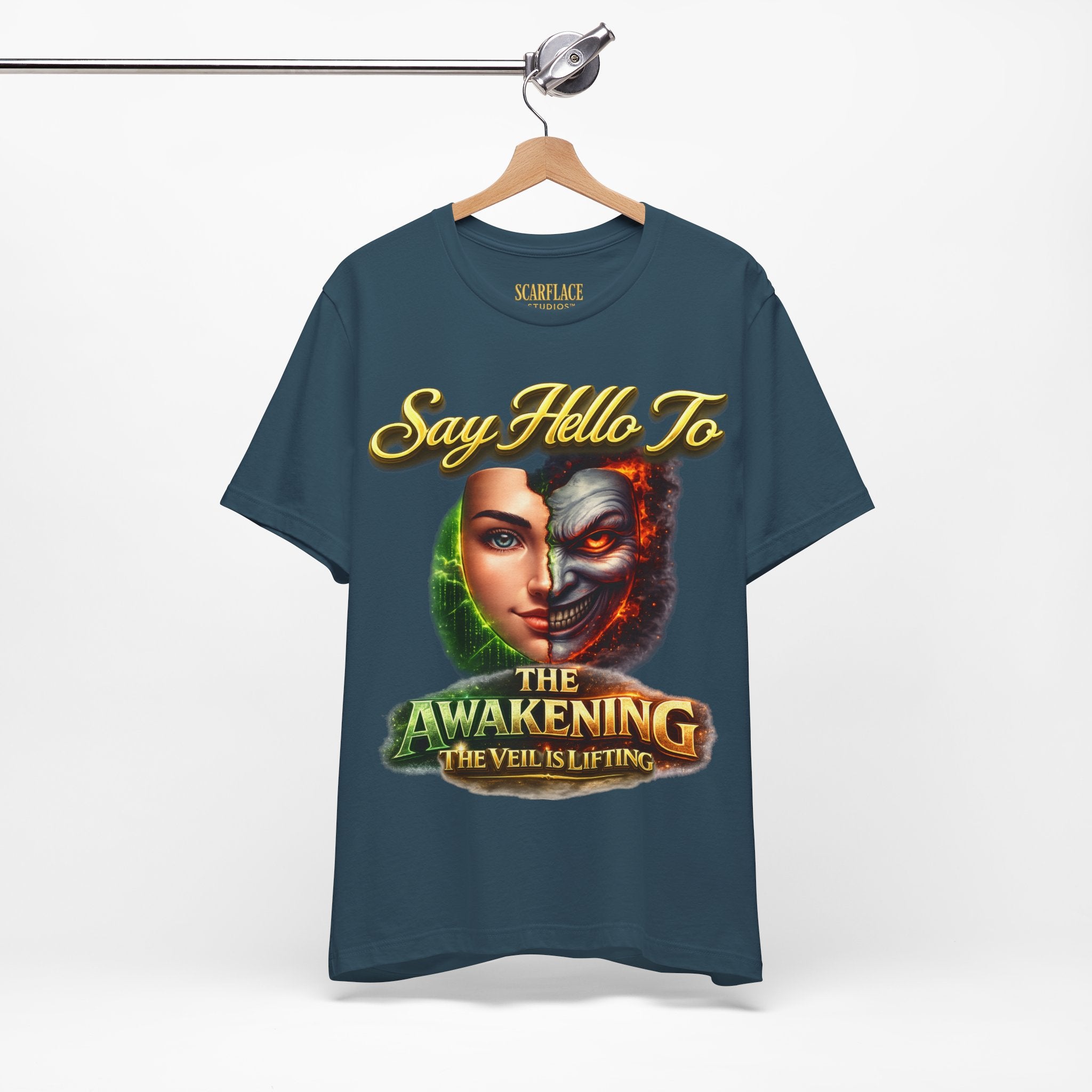 Horror Mask Split Face Tee — "Say Hello To Your Family and Friends" Graphic T-Shirt Printify