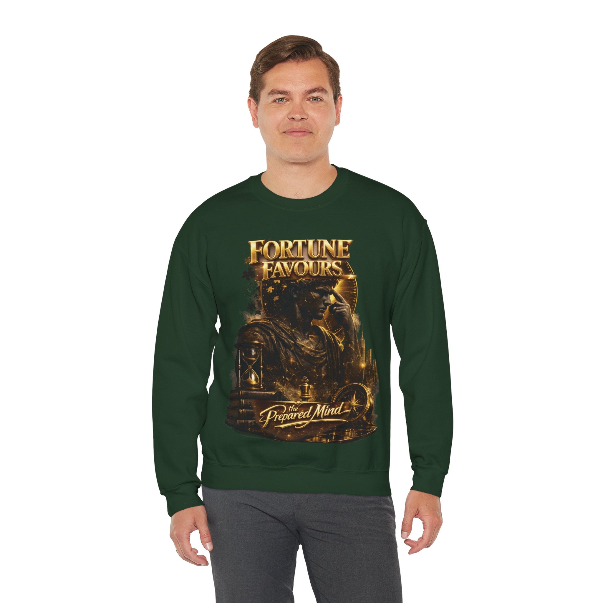 Crewneck Sweatshirt — "Fortune Favors the Prepared Mind" Motivational Design Printify