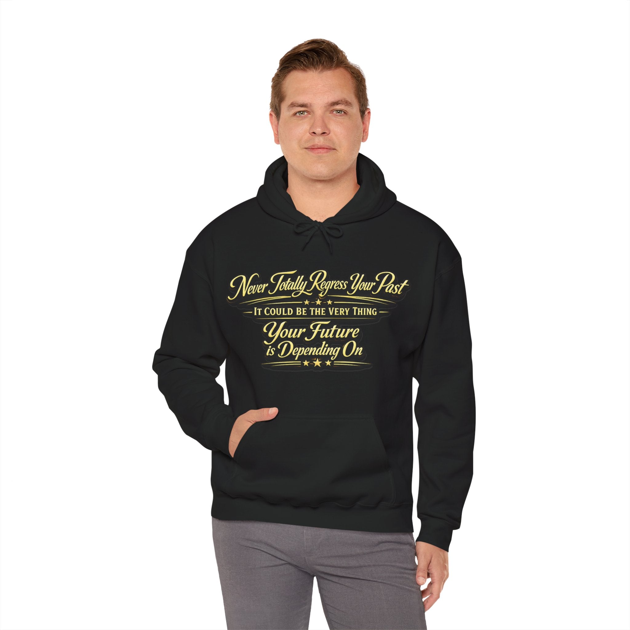 Inspirational Hoodie – “Never Letting Regret Your Past” Motivational City Night Sweatshirt Printify