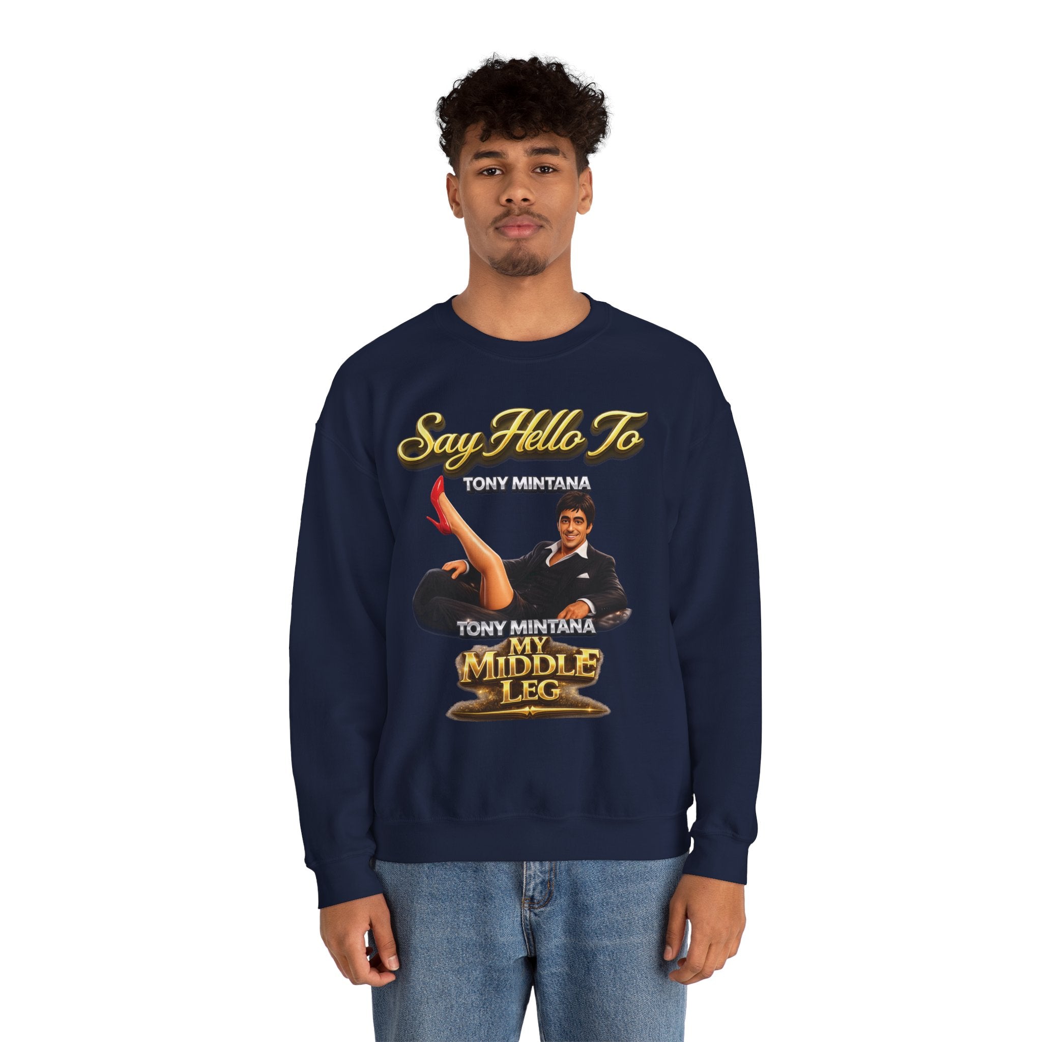 Scarface Parody Crewneck Sweatshirt — "Say Hello to My Middle Leg" Graphic Printify