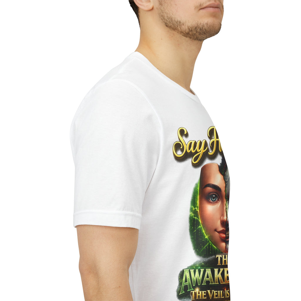 Horror Mask Split Face Tee — "Say Hello To Your Family and Friends" Graphic T-Shirt Printify