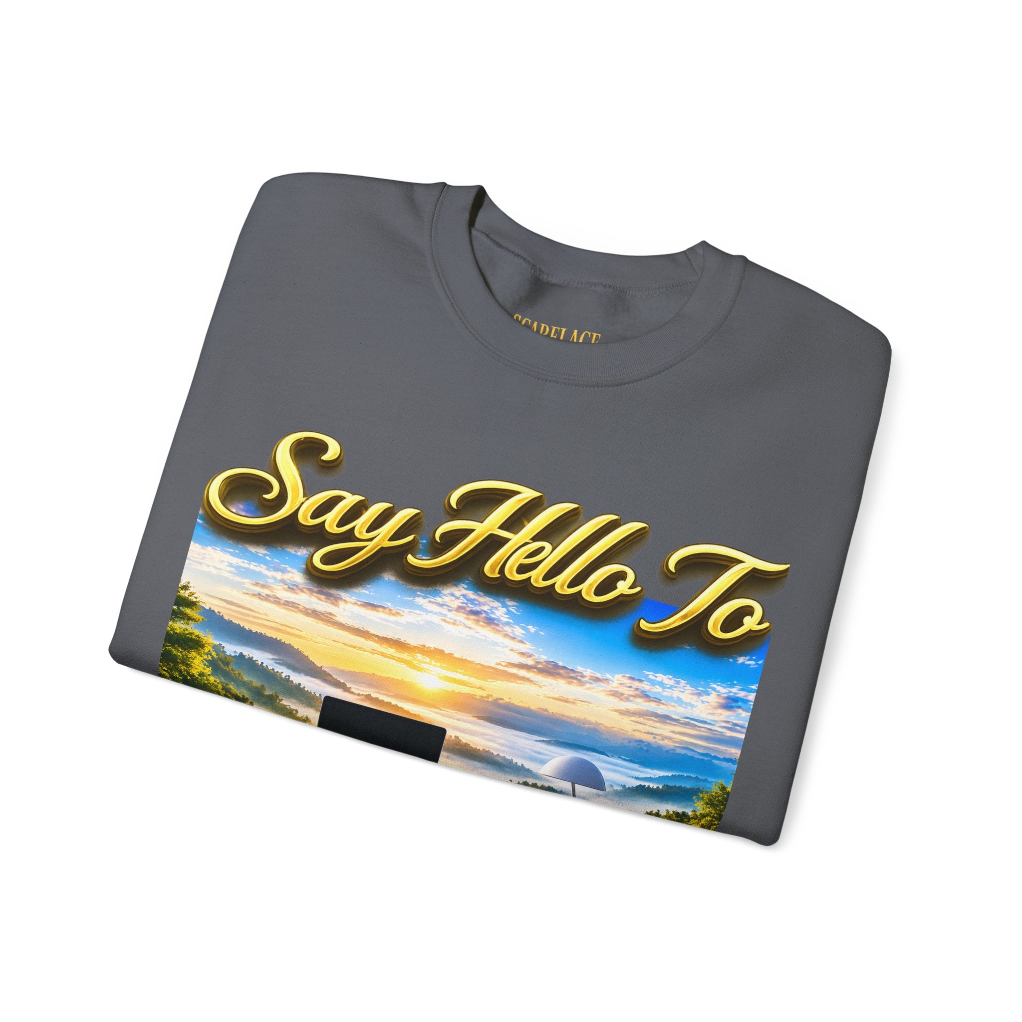 Working From Home Sweatshirt – "Say Hello To" Scenic Home Office Crewneck Printify