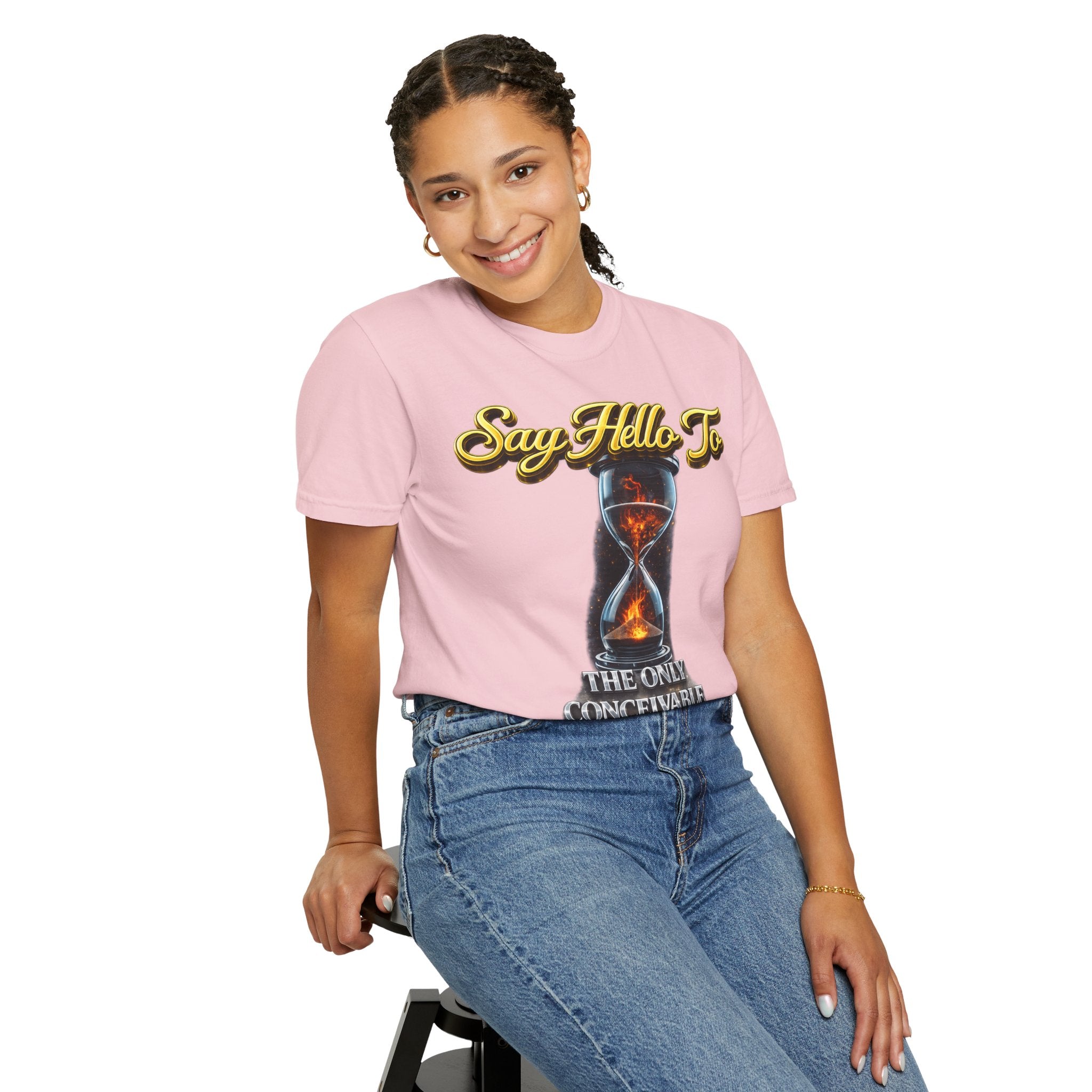 Say Hello To Time Hourglass Graphic T-Shirt — "The Only Conceivable Consistency Is Time" Printify