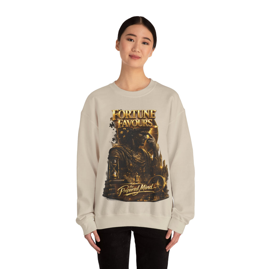 Crewneck Sweatshirt — "Fortune Favors the Prepared Mind" Motivational Design Printify