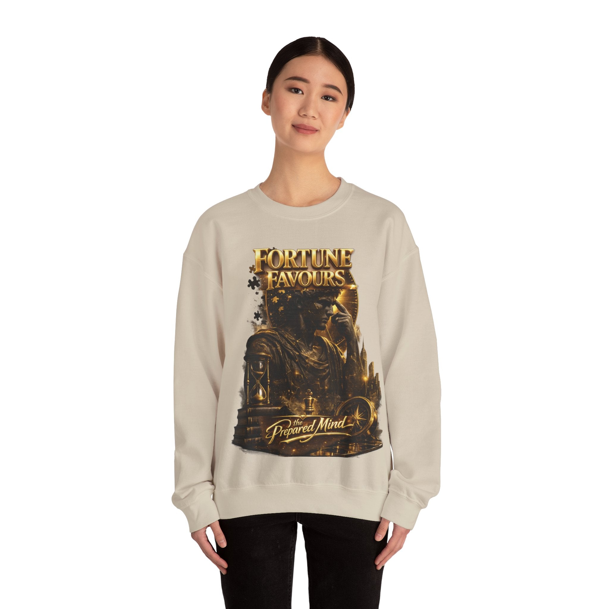 Crewneck Sweatshirt — "Fortune Favors the Prepared Mind" Motivational Design Printify