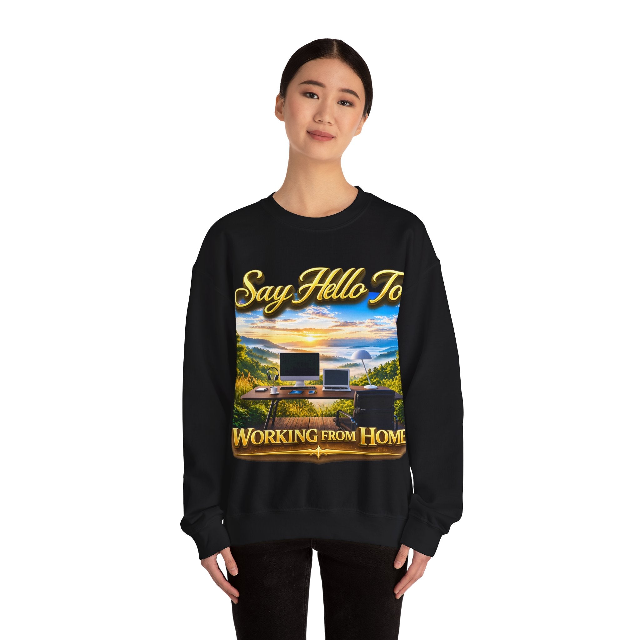 Working From Home Sweatshirt – "Say Hello To" Scenic Home Office Crewneck Printify