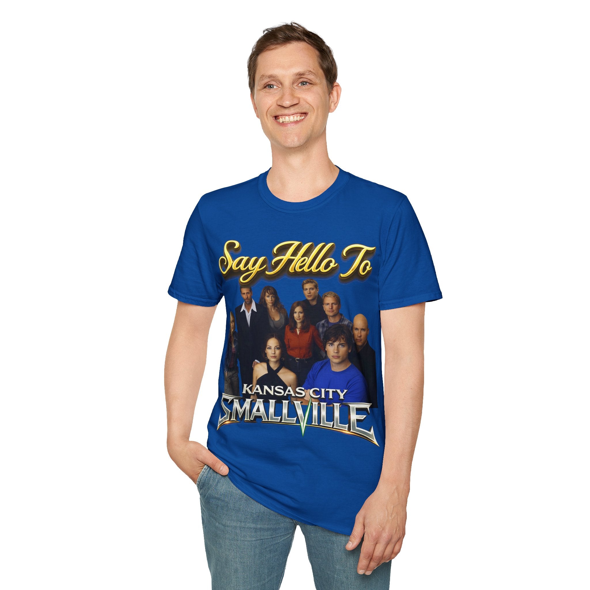 Smallville Cast T-Shirt – "Say Hello To" Kansas City Retro TV Logo Printify