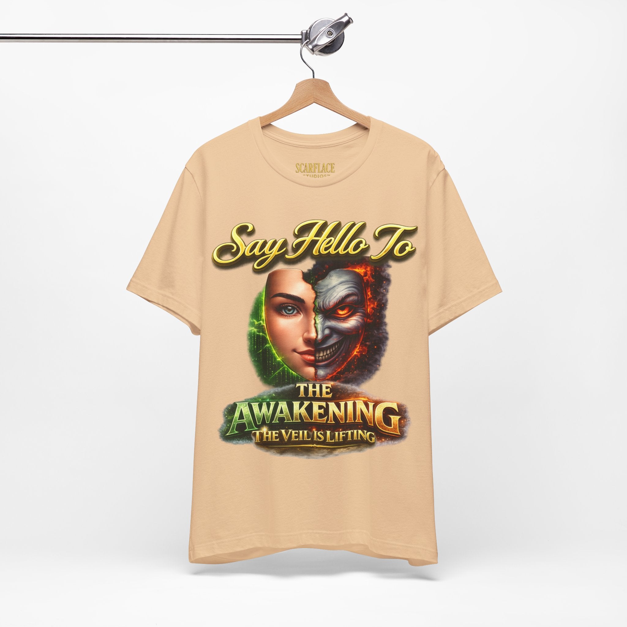 Horror Mask Split Face Tee — "Say Hello To Your Family and Friends" Graphic T-Shirt Printify