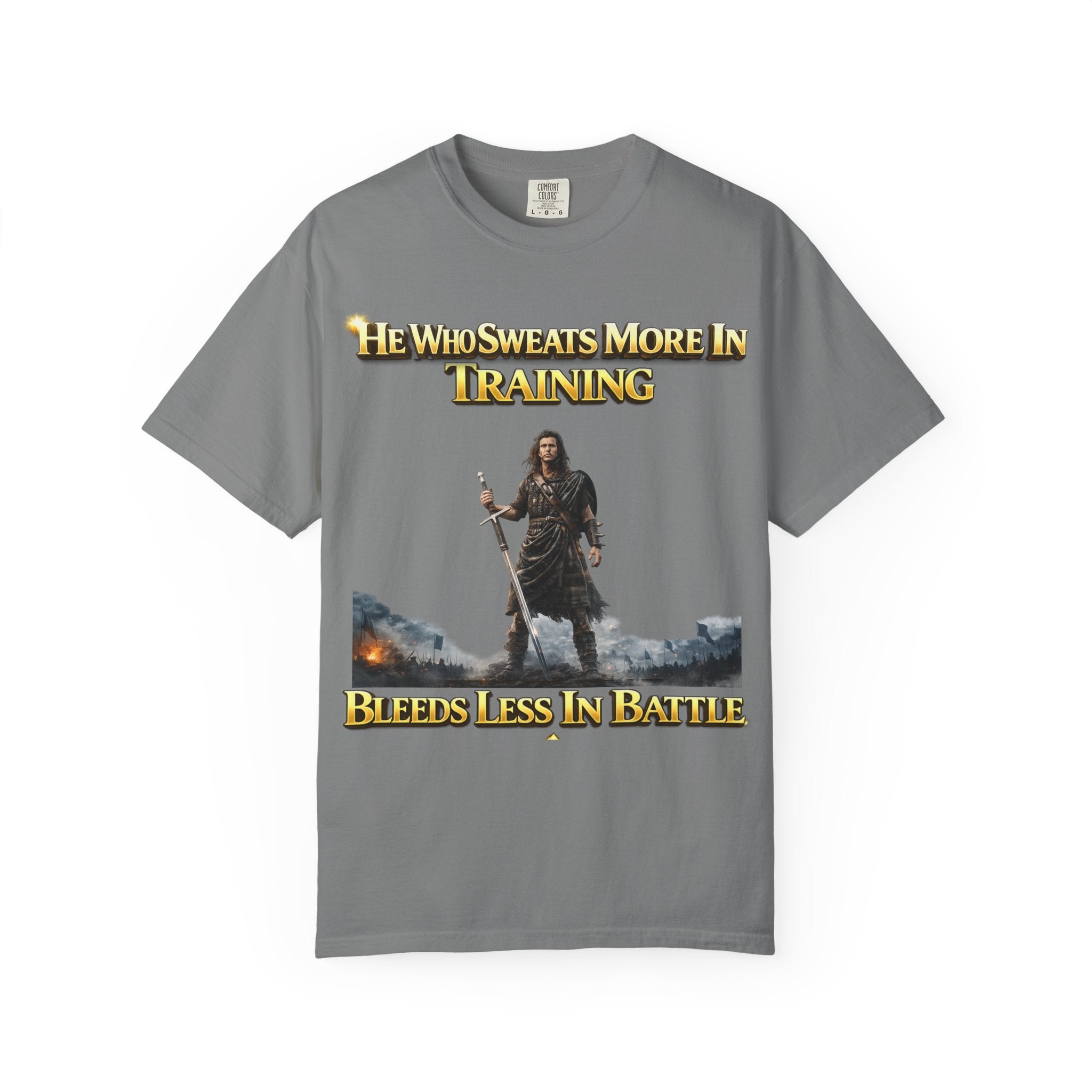 Training Warrior T-Shirt — "He Who Sweats More in Training Bleeds Less in Battle" Printify