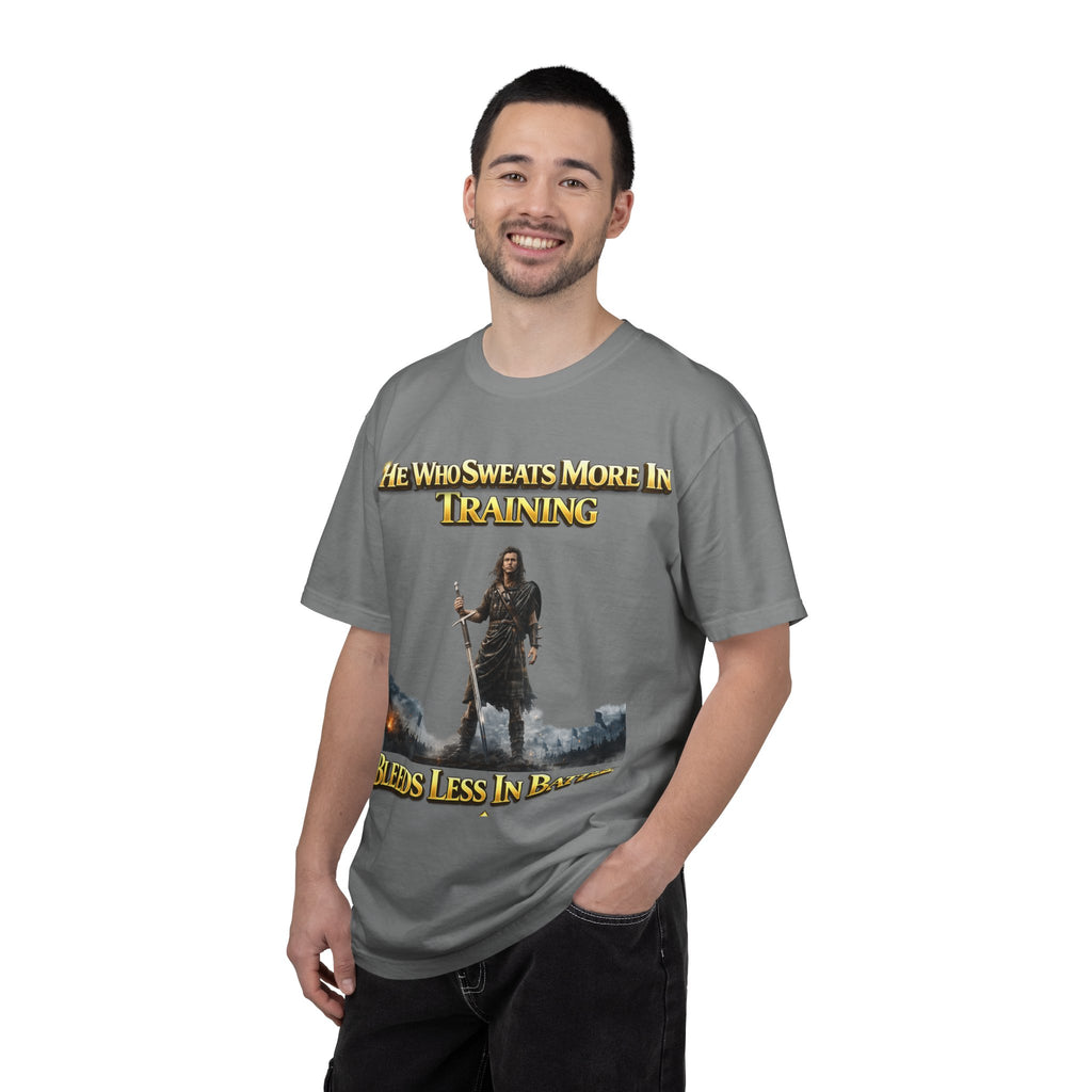 Training Warrior T-Shirt — "He Who Sweats More in Training Bleeds Less in Battle" Printify