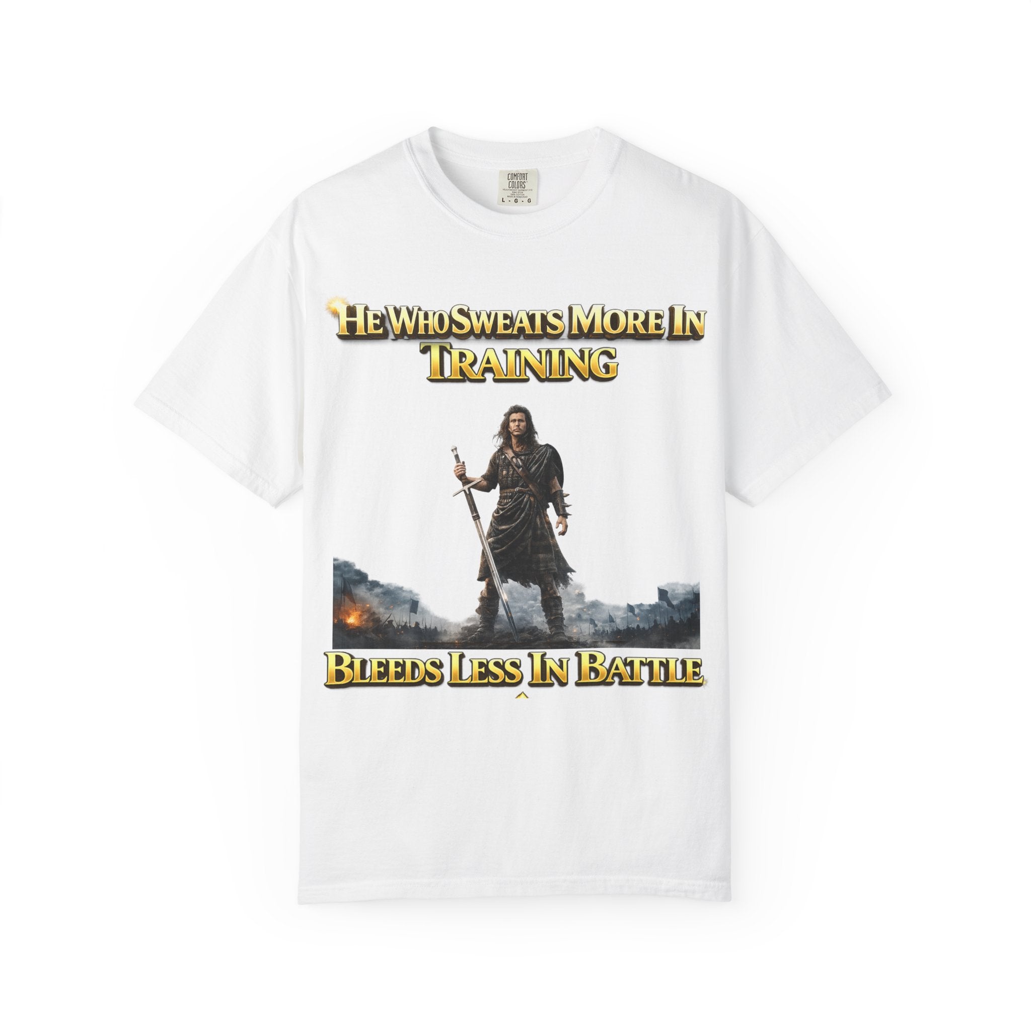 Training Warrior T-Shirt — "He Who Sweats More in Training Bleeds Less in Battle" Printify