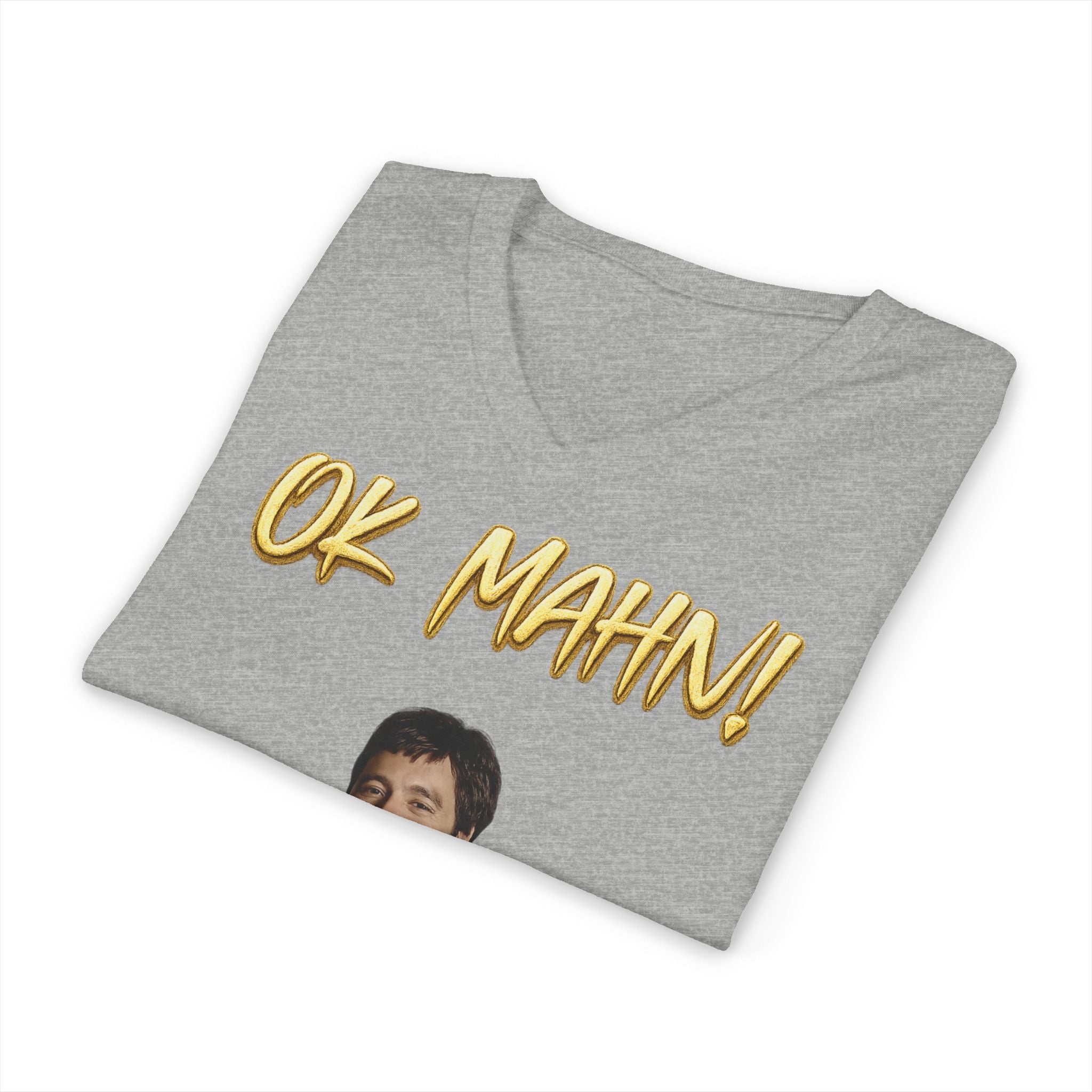 OK Mahn! V-Neck Tee — Vintage Laugh Meme T-Shirt Scarflace Studios Printify