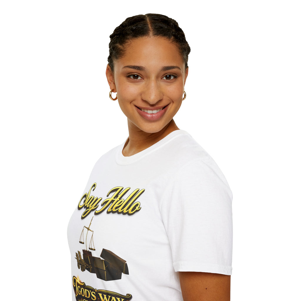 T-Shirt — "Say Hello" Money & Faith Graphic Tee (God's Way You Make Too Much Money) Printify