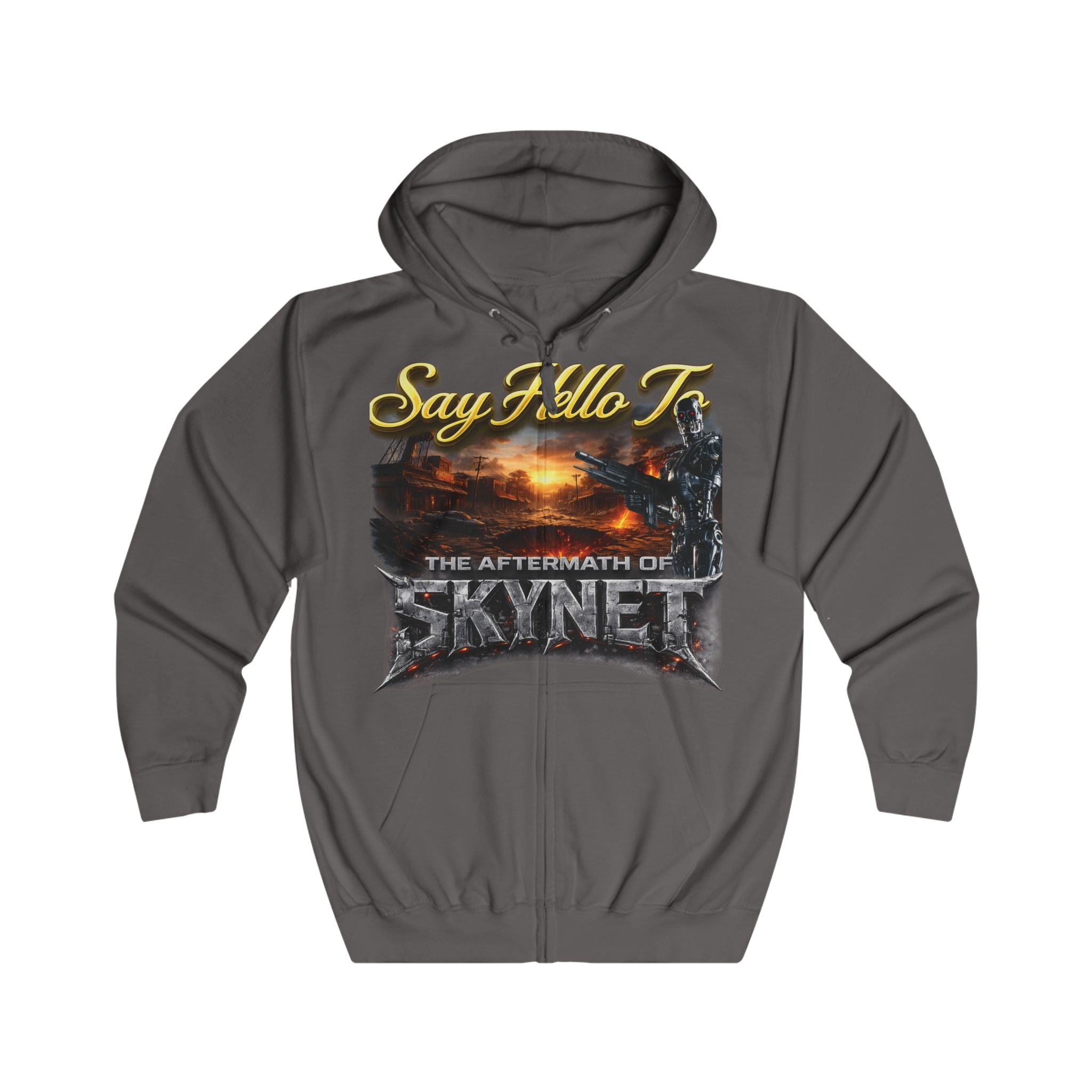 Skynet Aftermath Zip Hoodie — "Say Hello To" Post-Apocalyptic Graphic Hoodie Printify