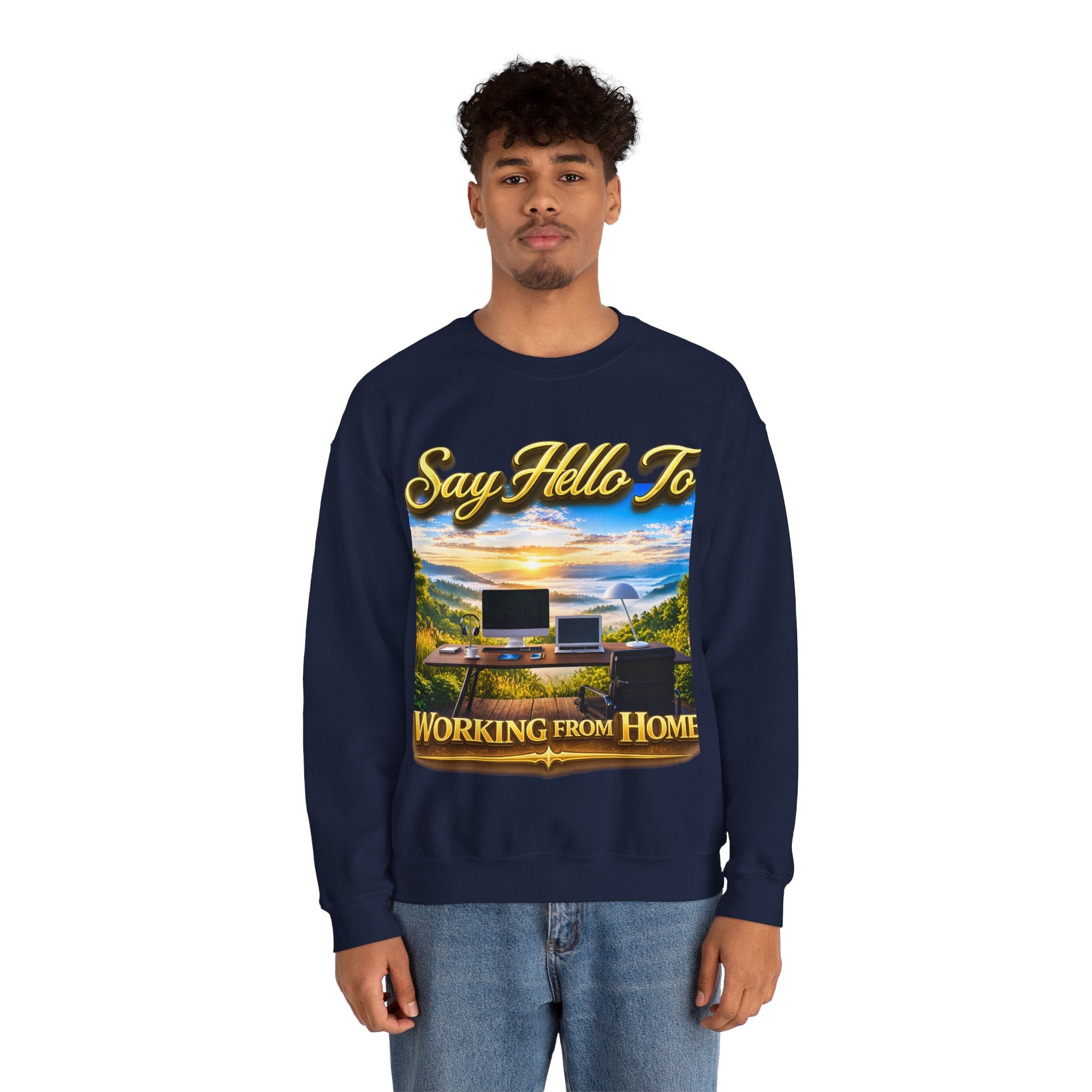 Working From Home Sweatshirt – "Say Hello To" Scenic Home Office Crewneck Printify