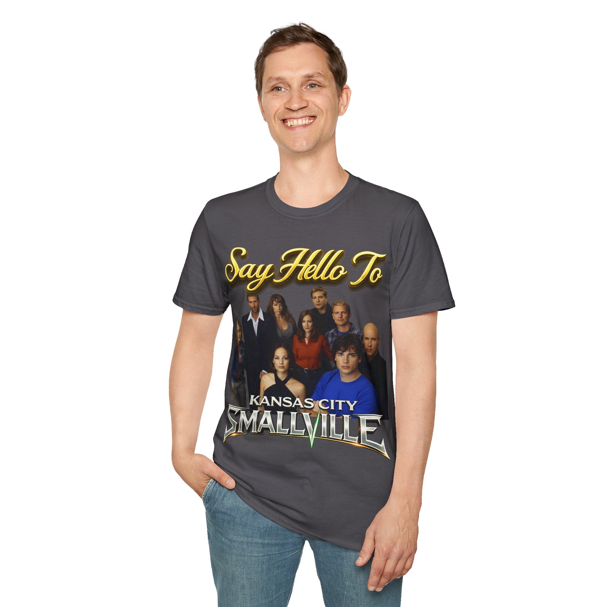 Smallville Cast T-Shirt – "Say Hello To" Kansas City Retro TV Logo Printify