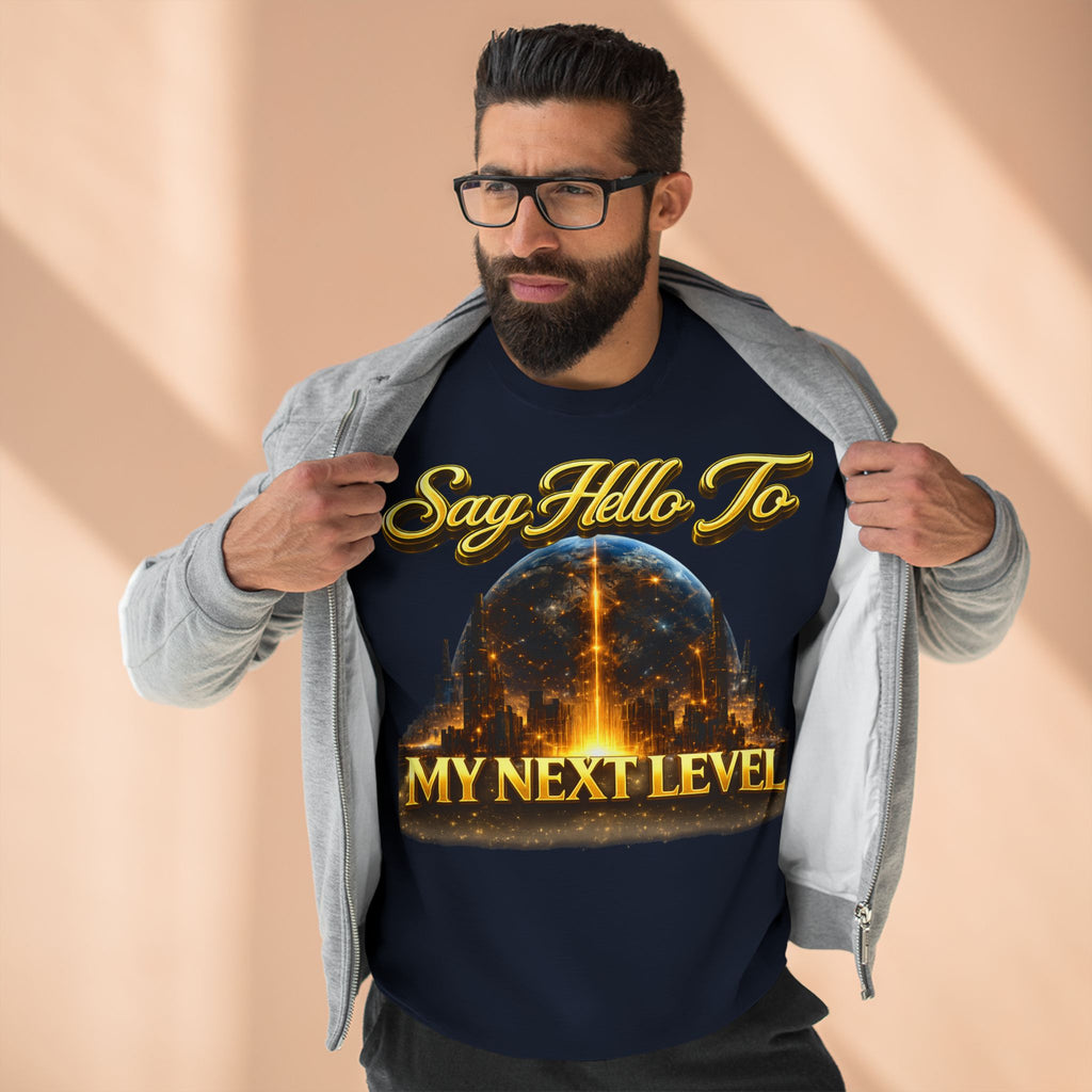 Crewneck Sweatshirt — "Say Hello to My Next Level" Golden Sci‑Fi City Graphic Printify