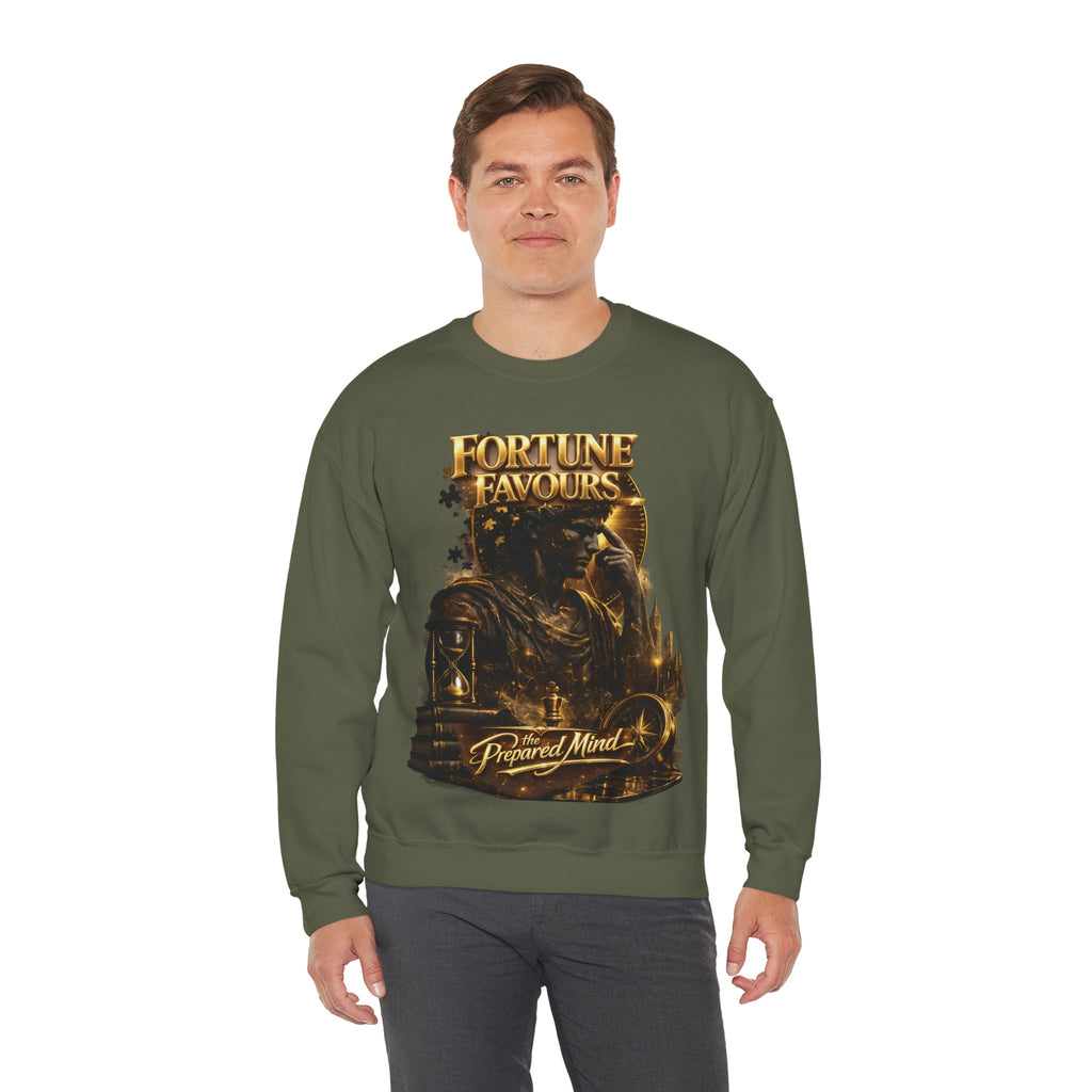 Crewneck Sweatshirt — "Fortune Favors the Prepared Mind" Motivational Design Printify