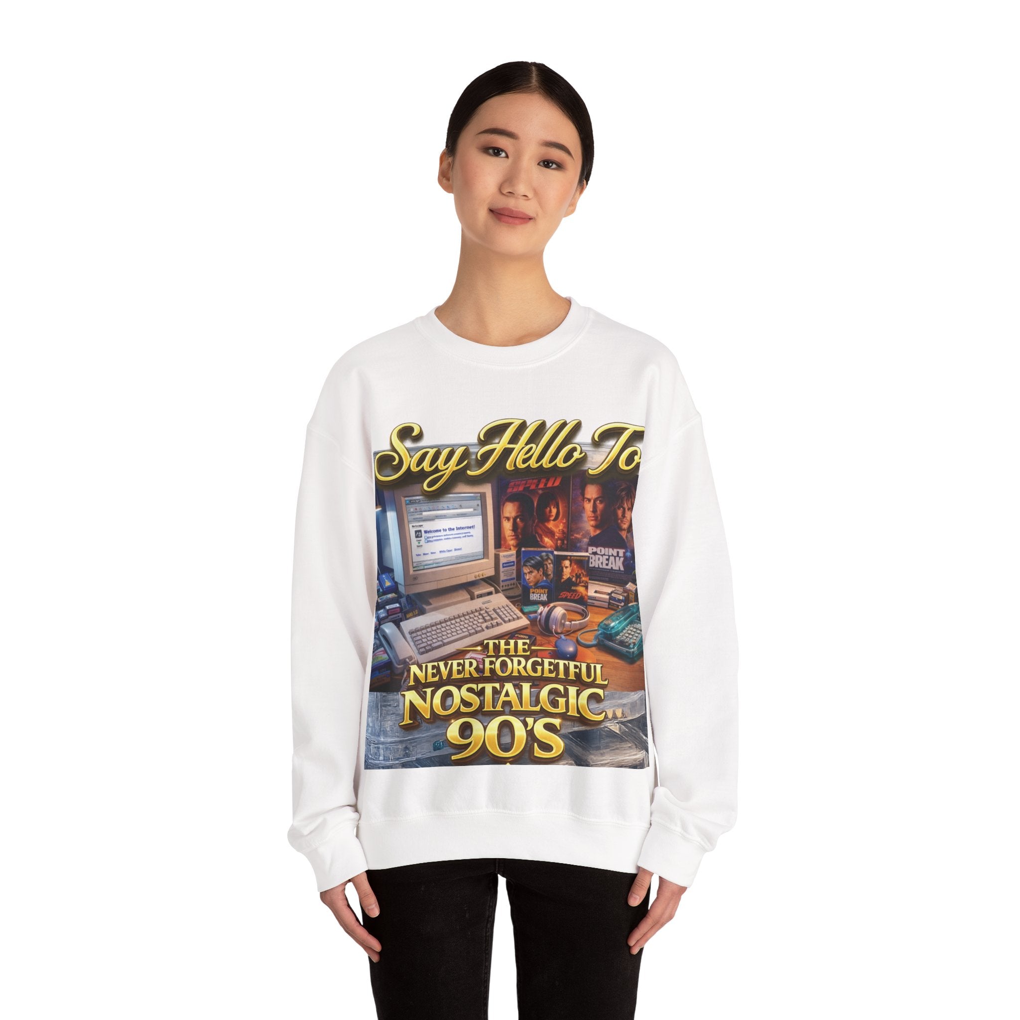 90s Nostalgia Crewneck Sweatshirt – "Say Hello To The Never Forgetful Nostalgic 90's" Printify