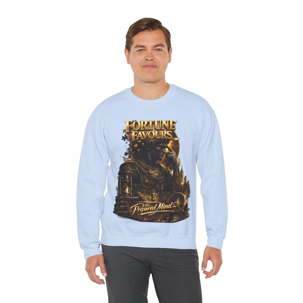 Crewneck Sweatshirt — "Fortune Favors the Prepared Mind" Motivational Design Printify