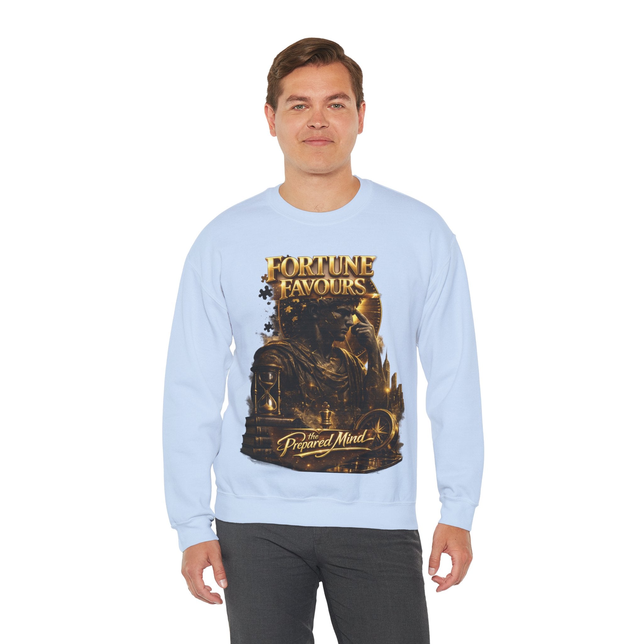 Crewneck Sweatshirt — "Fortune Favors the Prepared Mind" Motivational Design Printify