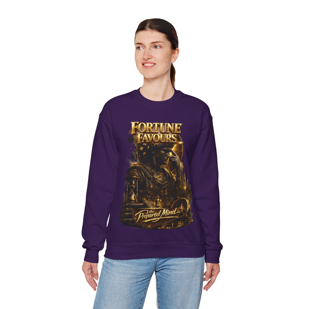 Crewneck Sweatshirt — "Fortune Favors the Prepared Mind" Motivational Design Printify