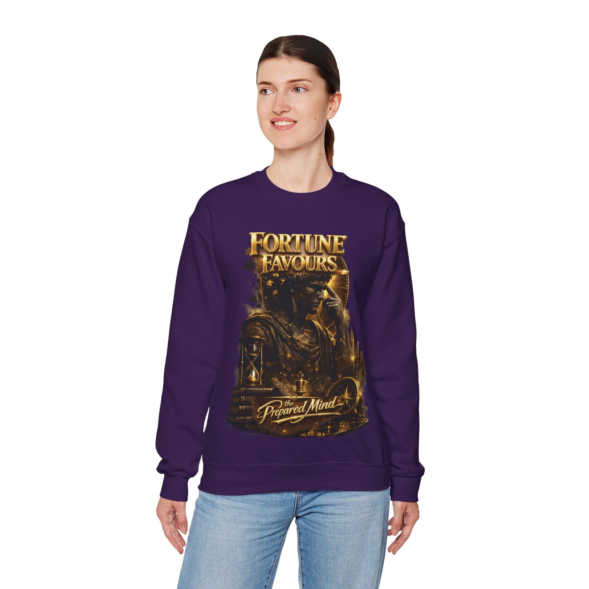 Crewneck Sweatshirt — "Fortune Favors the Prepared Mind" Motivational Design Printify