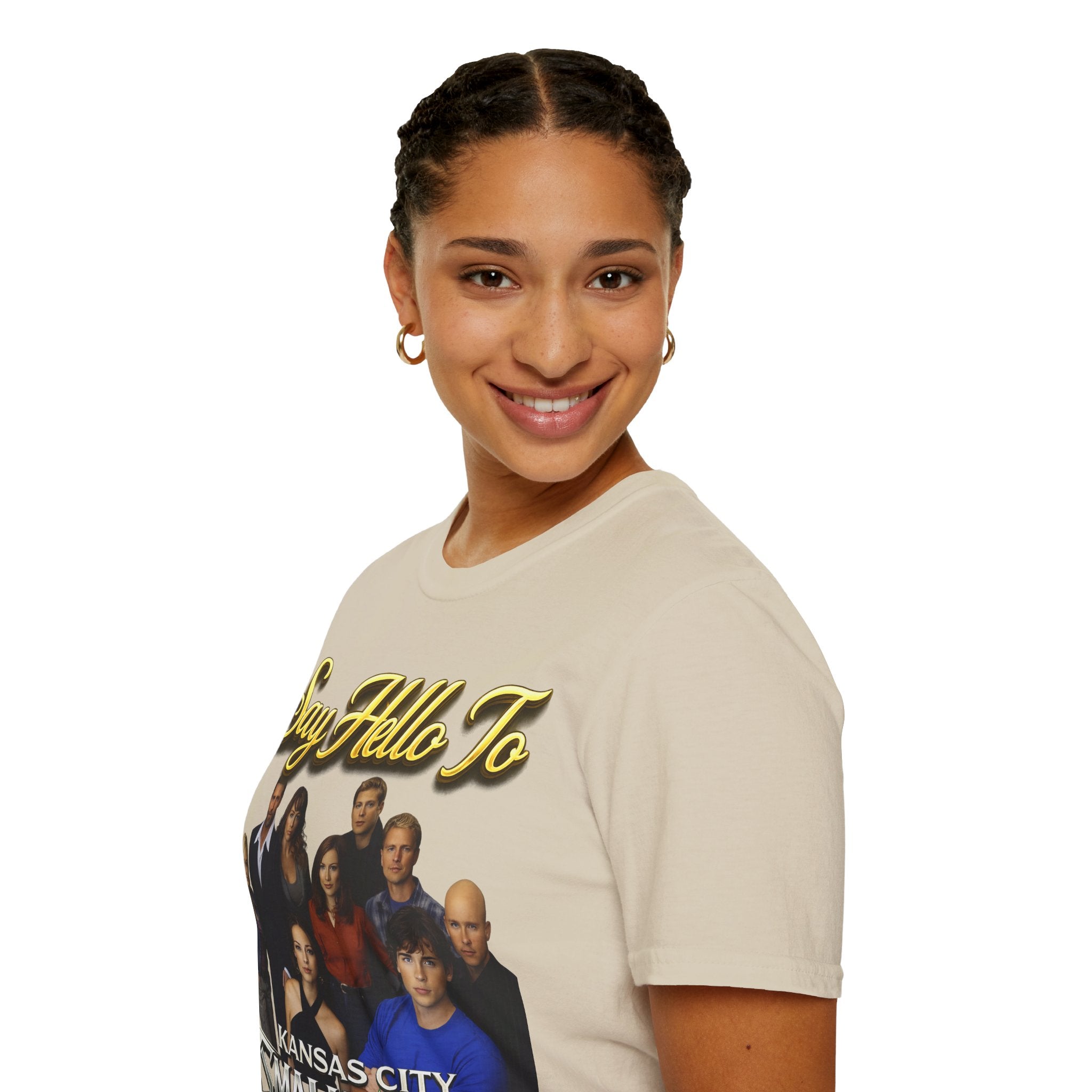 Smallville Cast T-Shirt – "Say Hello To" Kansas City Retro TV Logo Printify