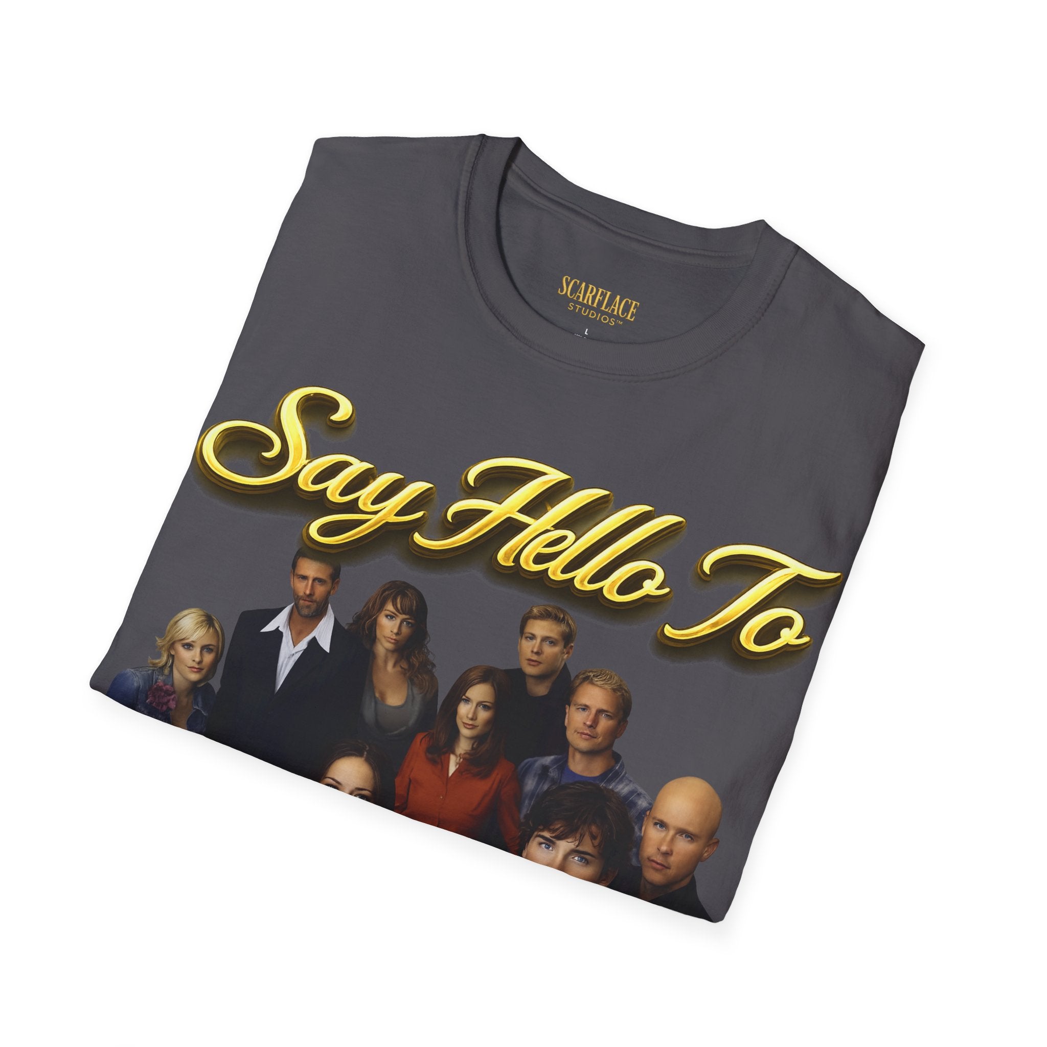 Smallville Cast T-Shirt – "Say Hello To" Kansas City Retro TV Logo Printify