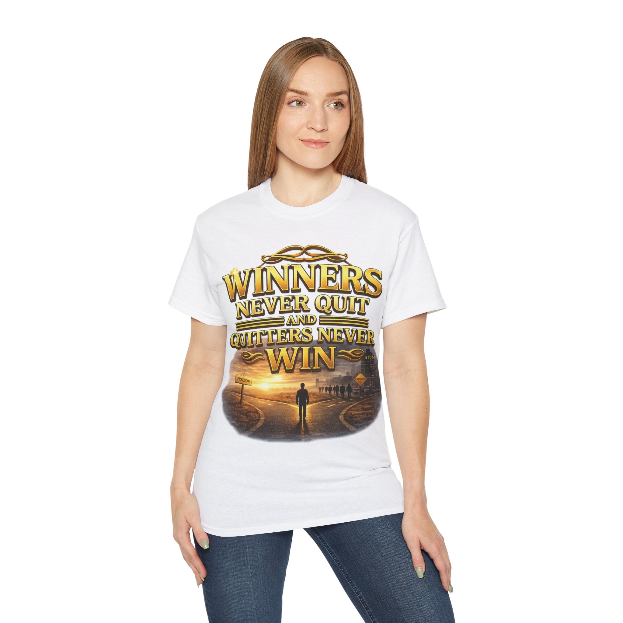 Winners Never Quit Inspirational Tee — Motivational Quote Shirt Printify