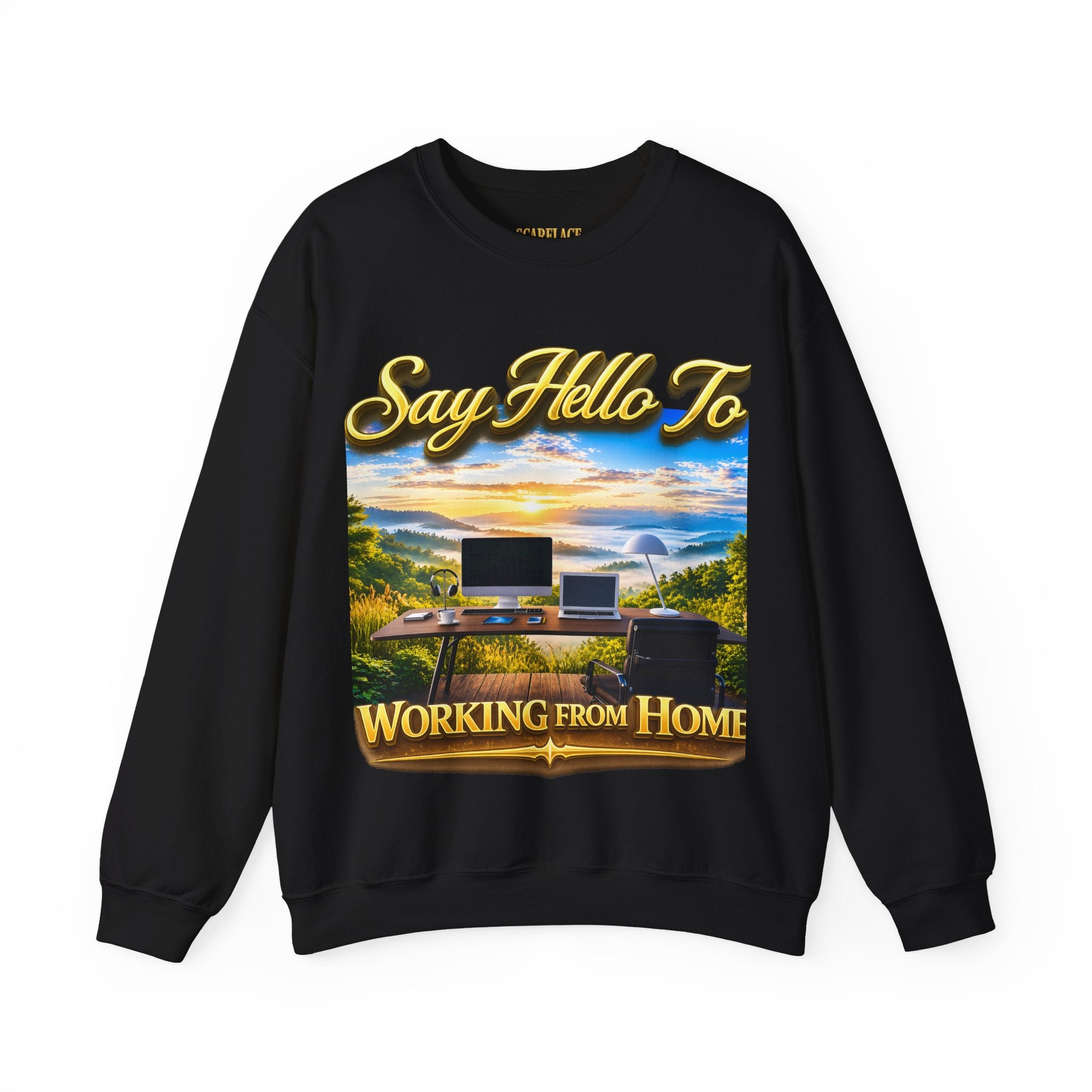Working From Home Sweatshirt – "Say Hello To" Scenic Home Office Crewneck Printify