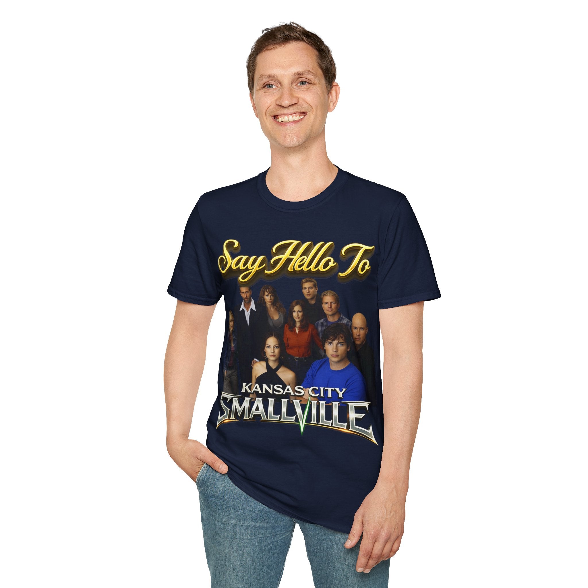 Smallville Cast T-Shirt – "Say Hello To" Kansas City Retro TV Logo Printify