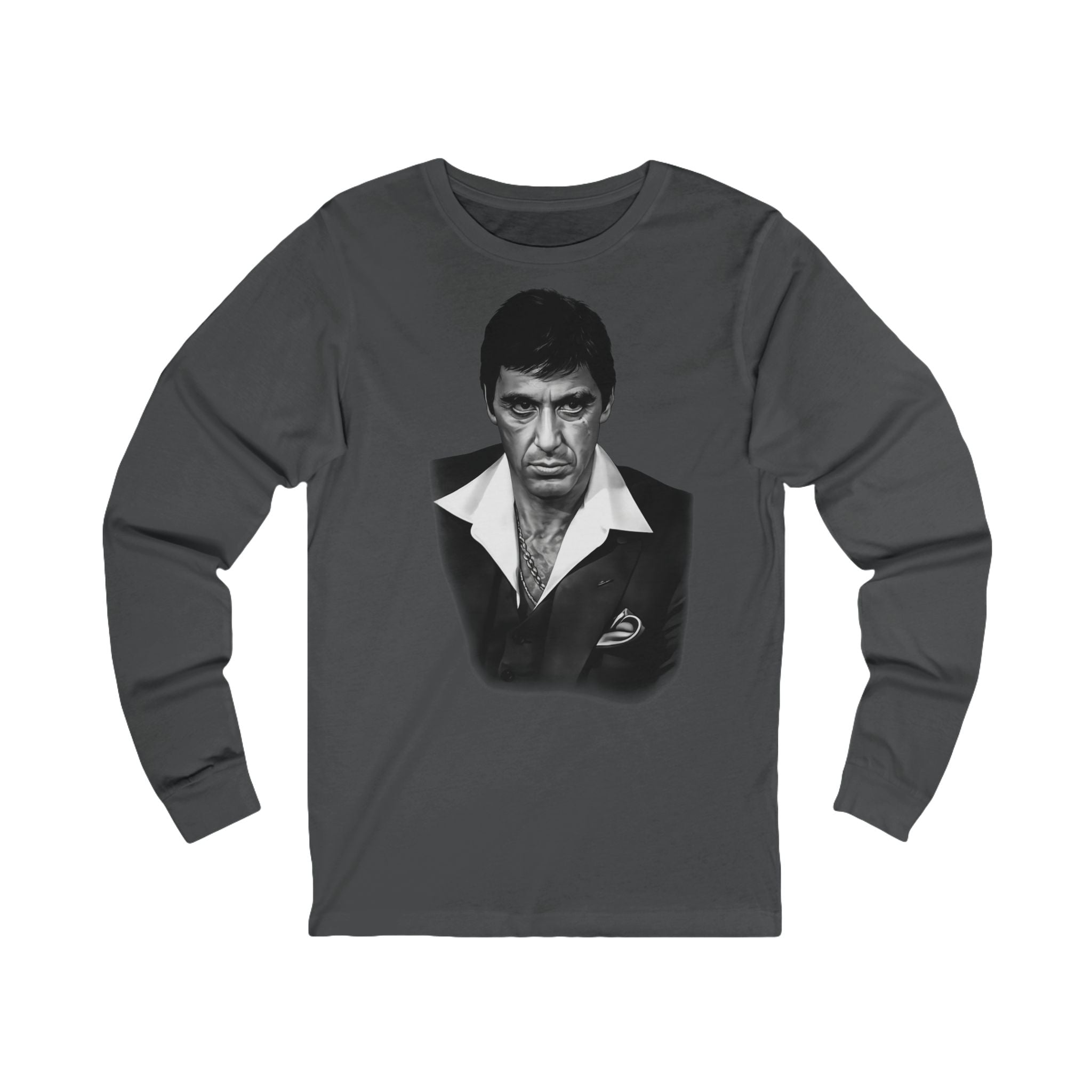 Retro Mafia Portrait Long Sleeve Tee — "The World Is Yours" Gold Script Printify