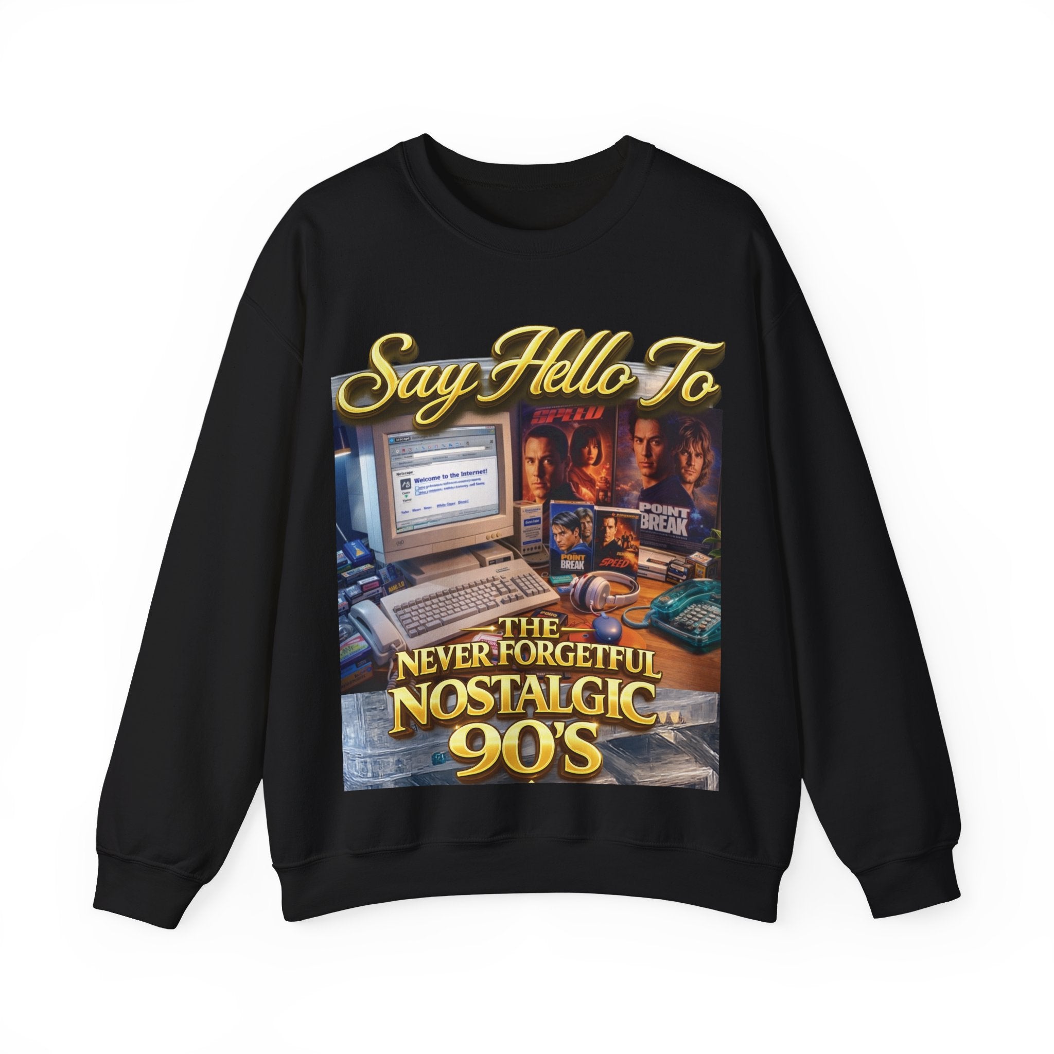 90s Nostalgia Crewneck Sweatshirt – "Say Hello To The Never Forgetful Nostalgic 90's" Printify