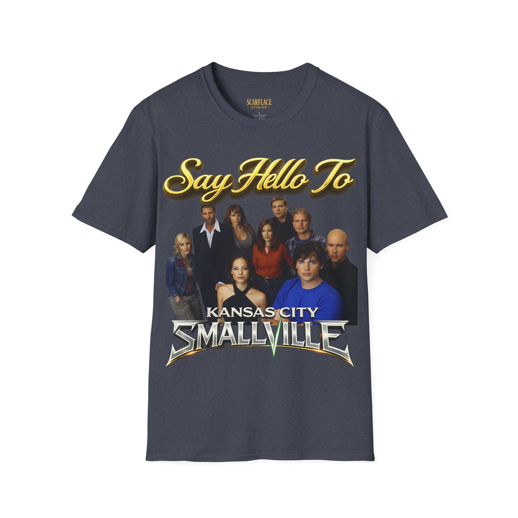 Smallville Cast T-Shirt – "Say Hello To" Kansas City Retro TV Logo Printify