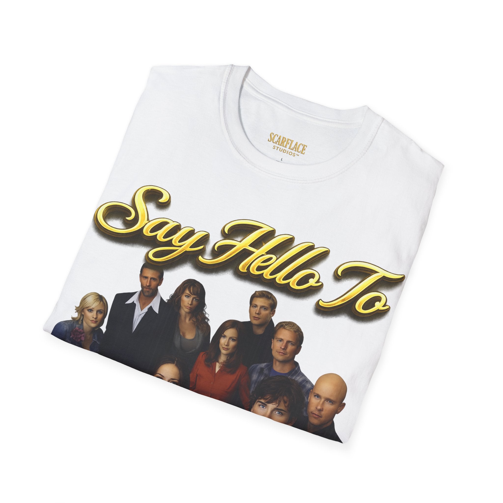 Smallville Cast T-Shirt – "Say Hello To" Kansas City Retro TV Logo Printify