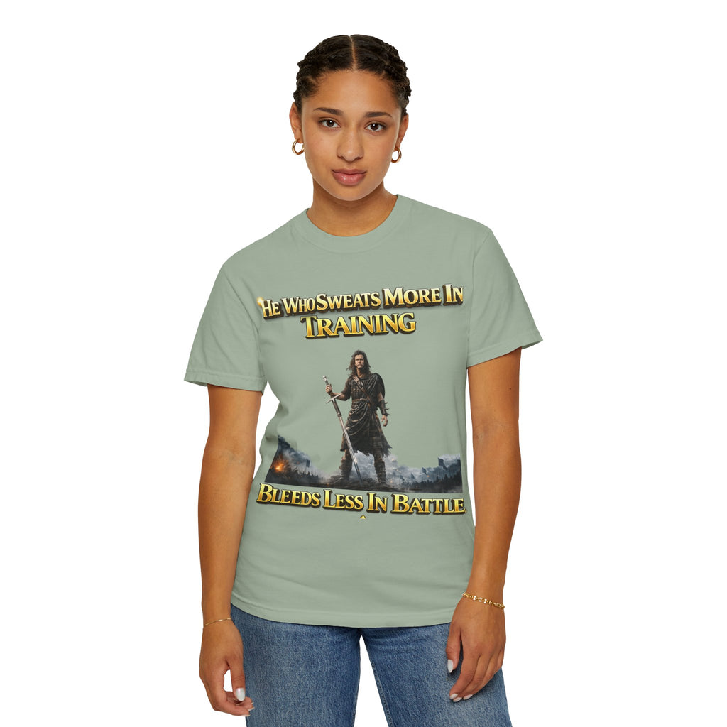 Training Warrior T-Shirt — "He Who Sweats More in Training Bleeds Less in Battle" Printify
