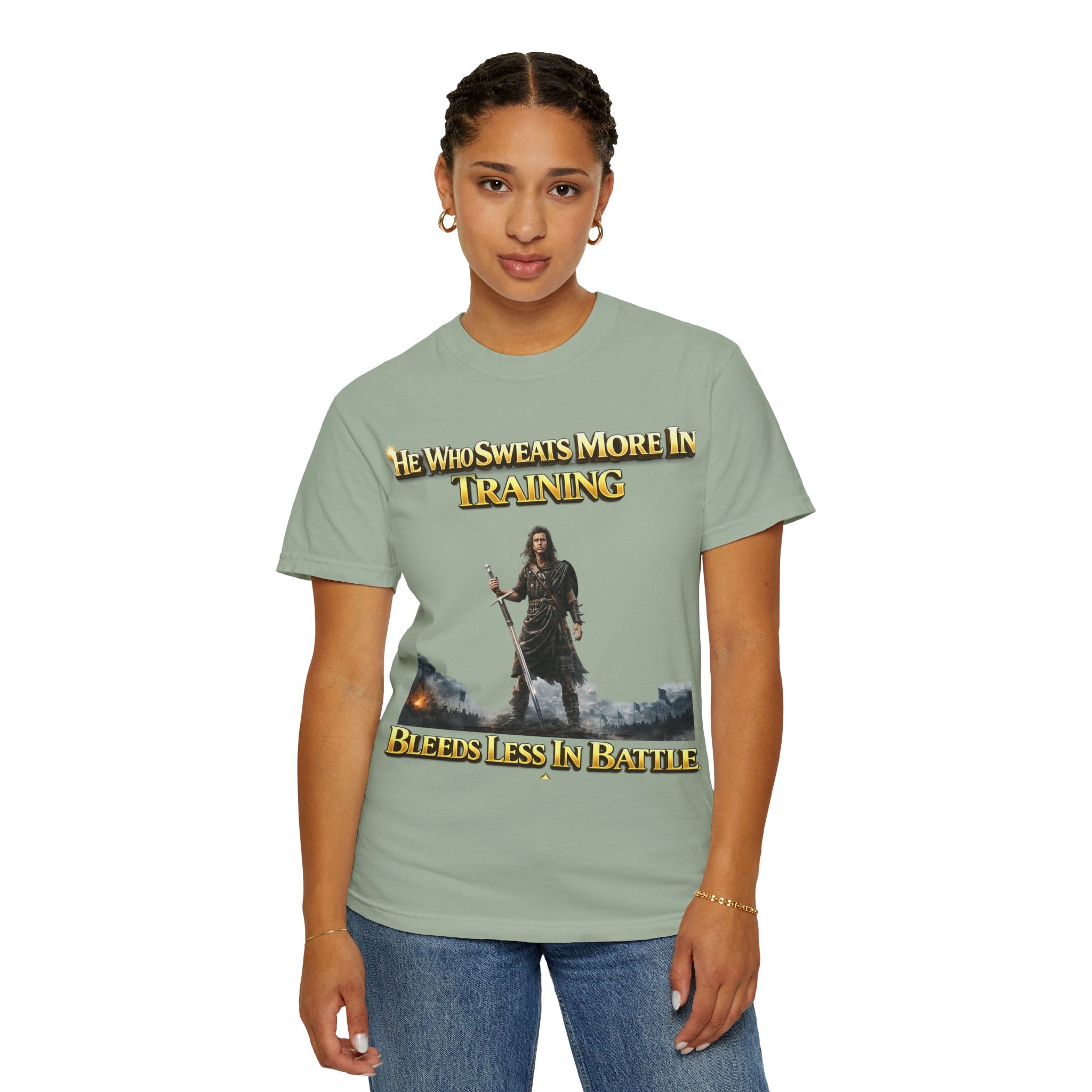 Training Warrior T-Shirt — "He Who Sweats More in Training Bleeds Less in Battle" Printify