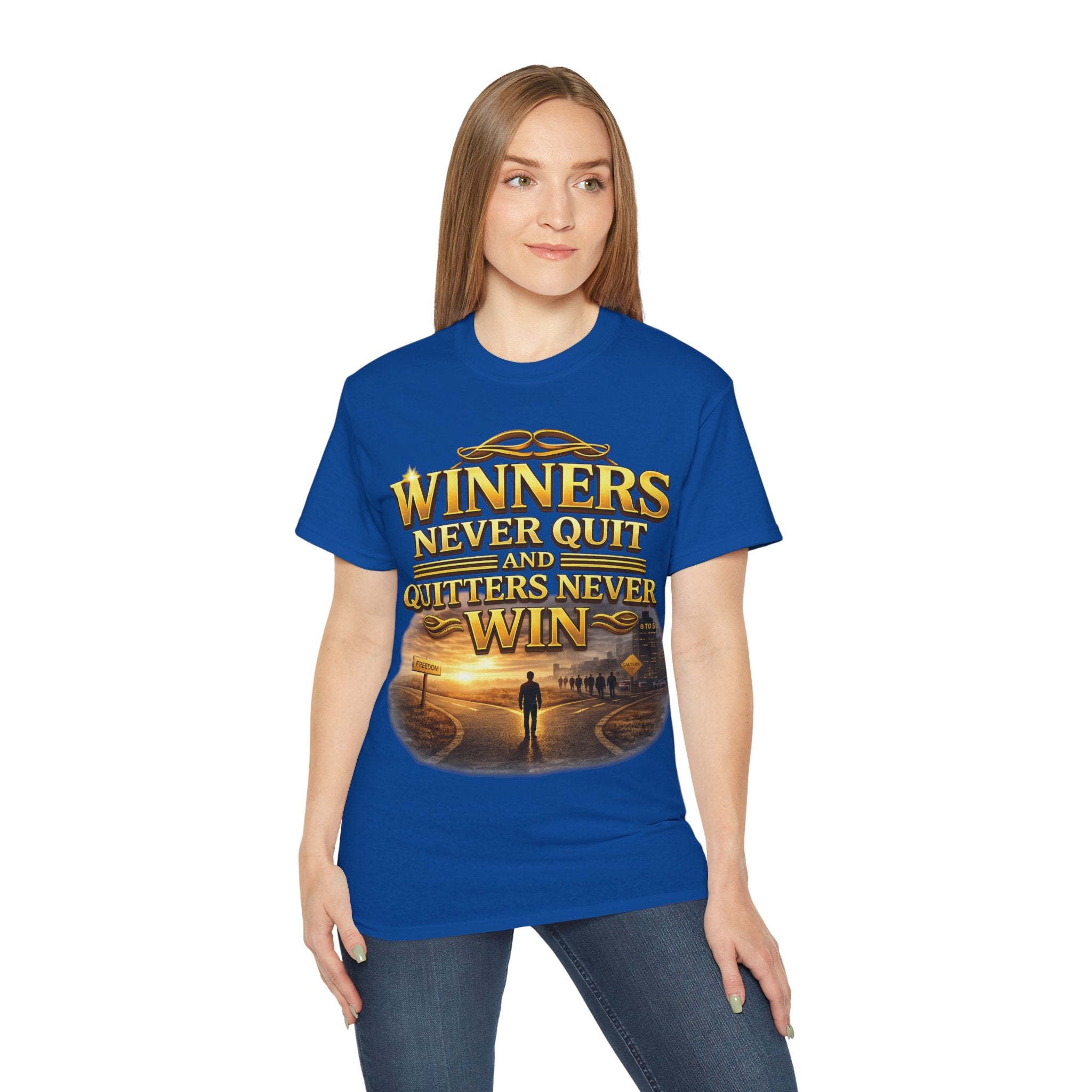 Winners Never Quit Inspirational Tee — Motivational Quote Shirt Printify
