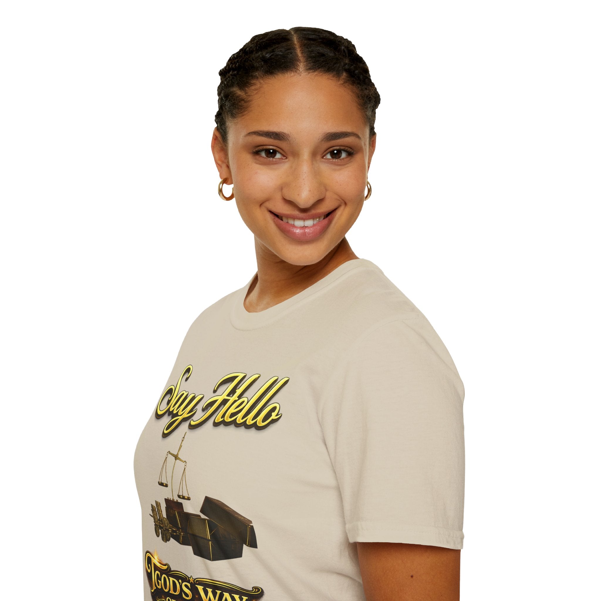 T-Shirt — "Say Hello" Money & Faith Graphic Tee (God's Way You Make Too Much Money) Printify