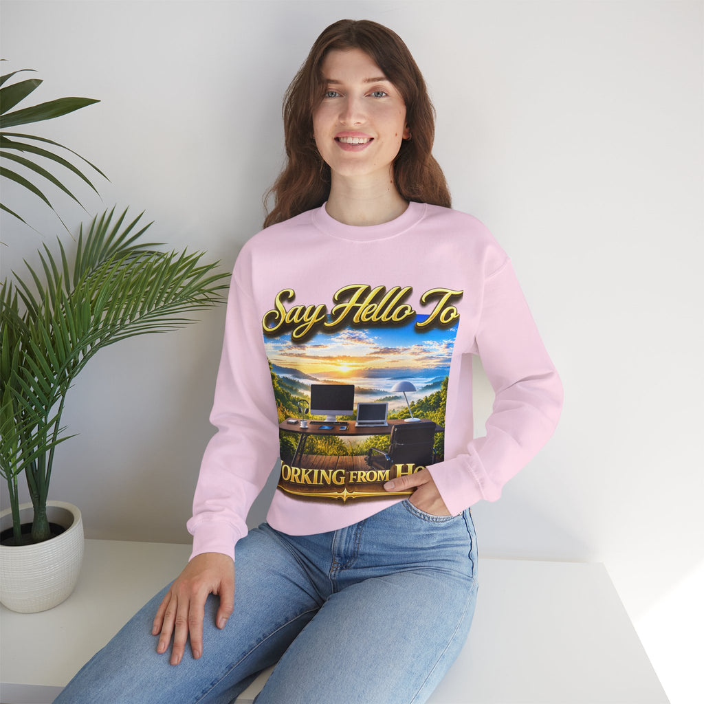 Working From Home Sweatshirt – "Say Hello To" Scenic Home Office Crewneck Printify