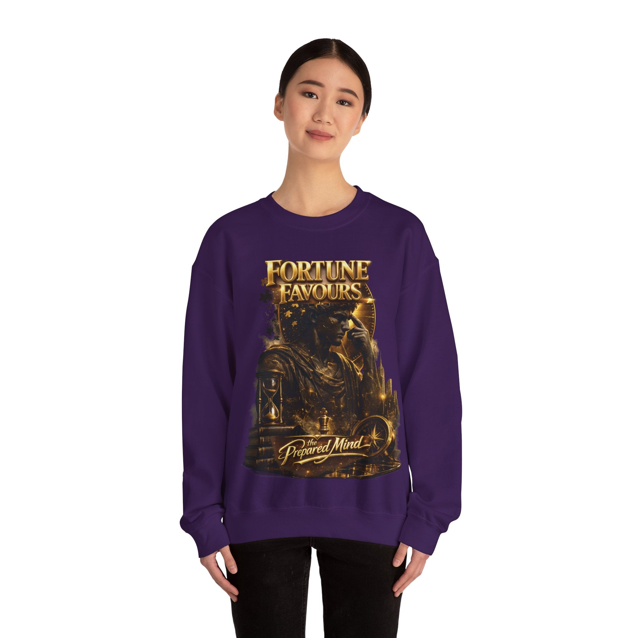 Crewneck Sweatshirt — "Fortune Favors the Prepared Mind" Motivational Design Printify