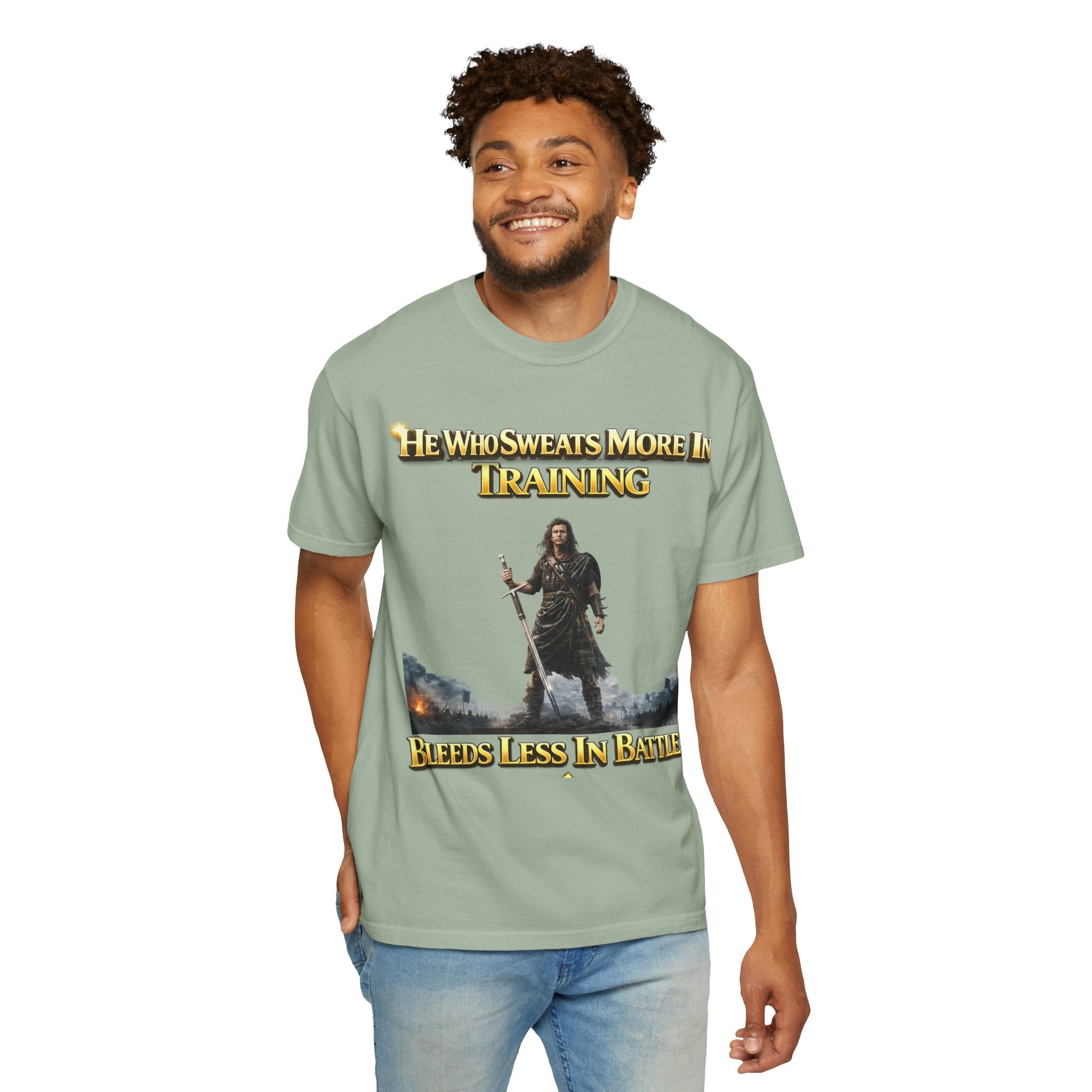 Training Warrior T-Shirt — "He Who Sweats More in Training Bleeds Less in Battle" Printify