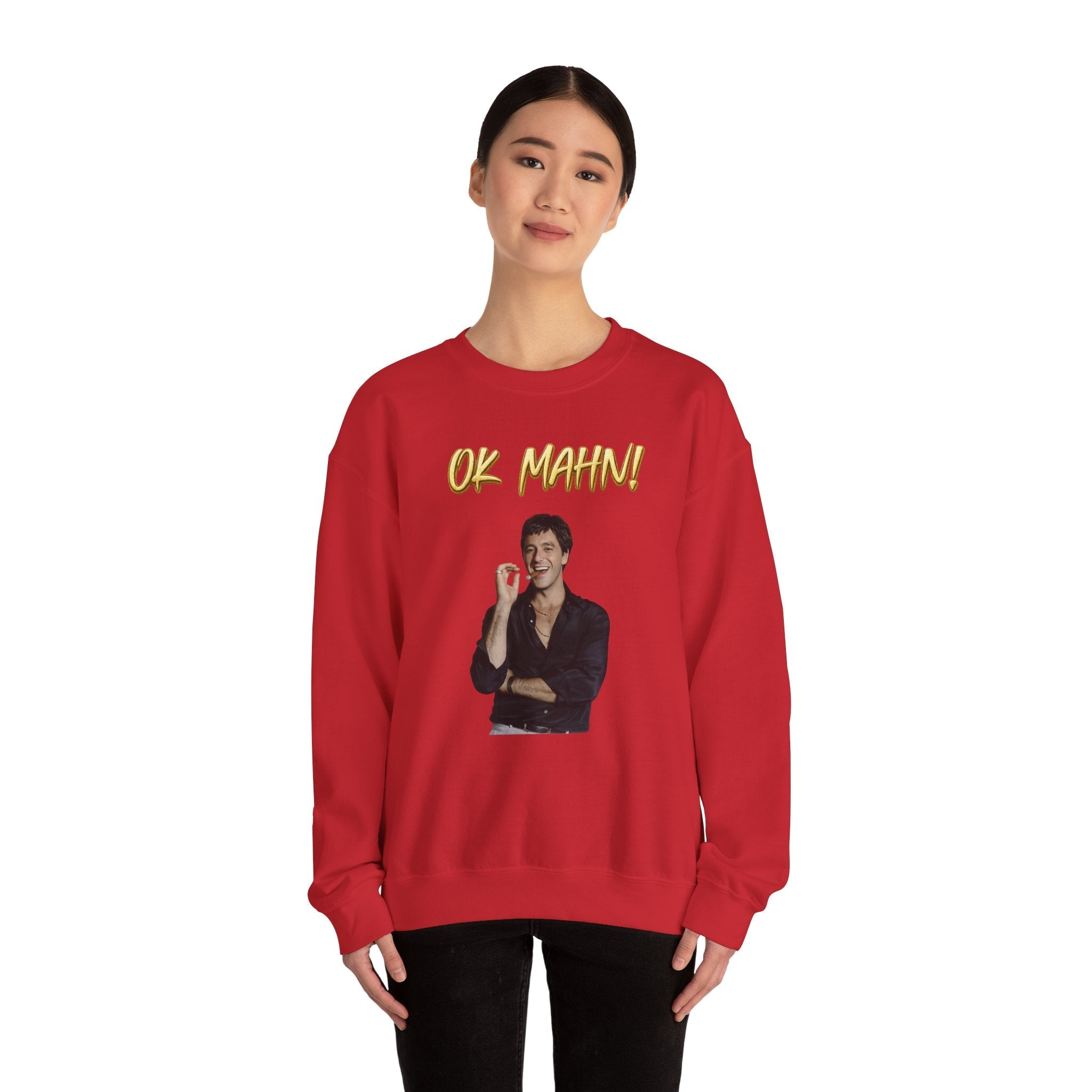 Crewneck Sweatshirt — 'Ok Mahn!' Gold Script Minimalist Streetwear Printify