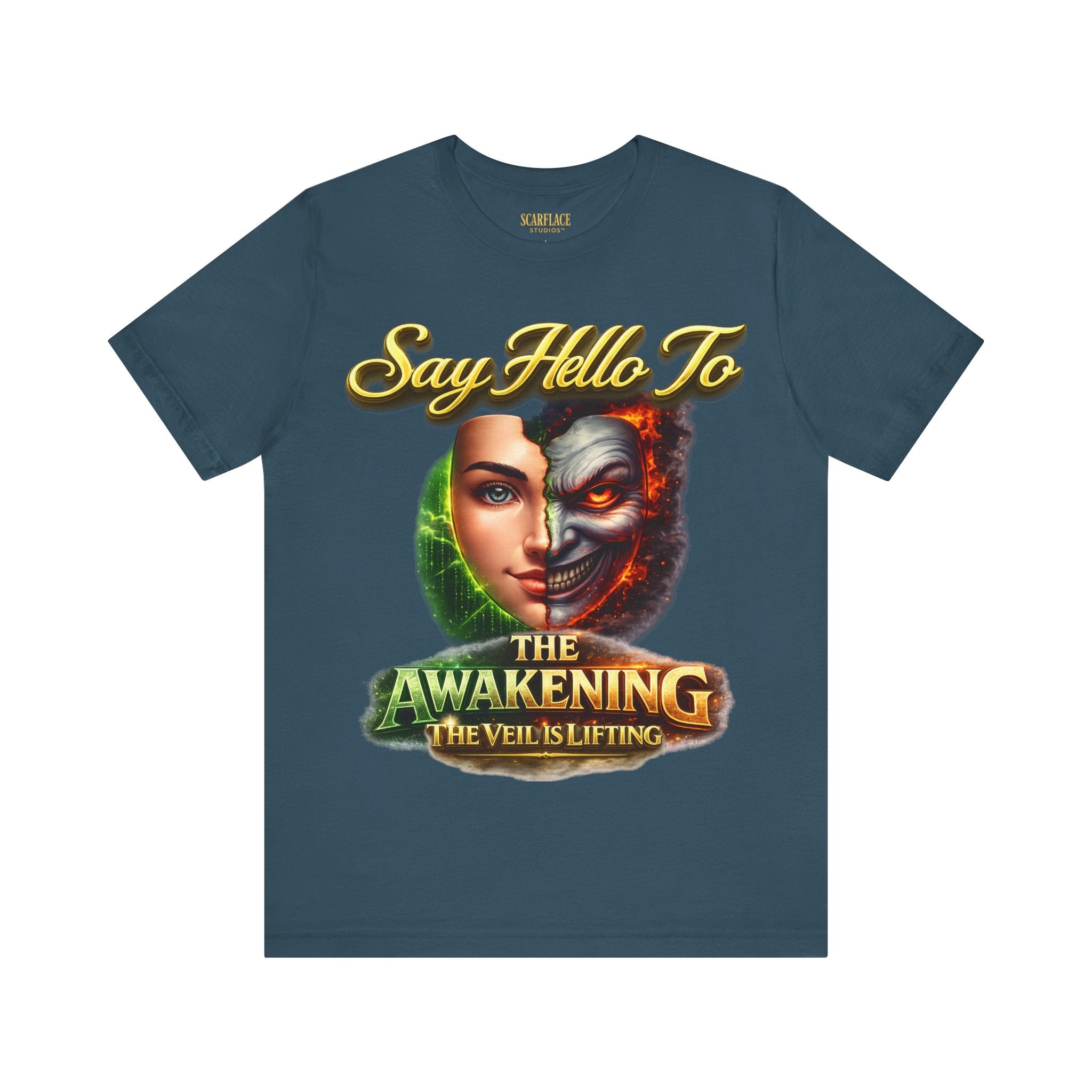 Horror Mask Split Face Tee — "Say Hello To Your Family and Friends" Graphic T-Shirt Printify