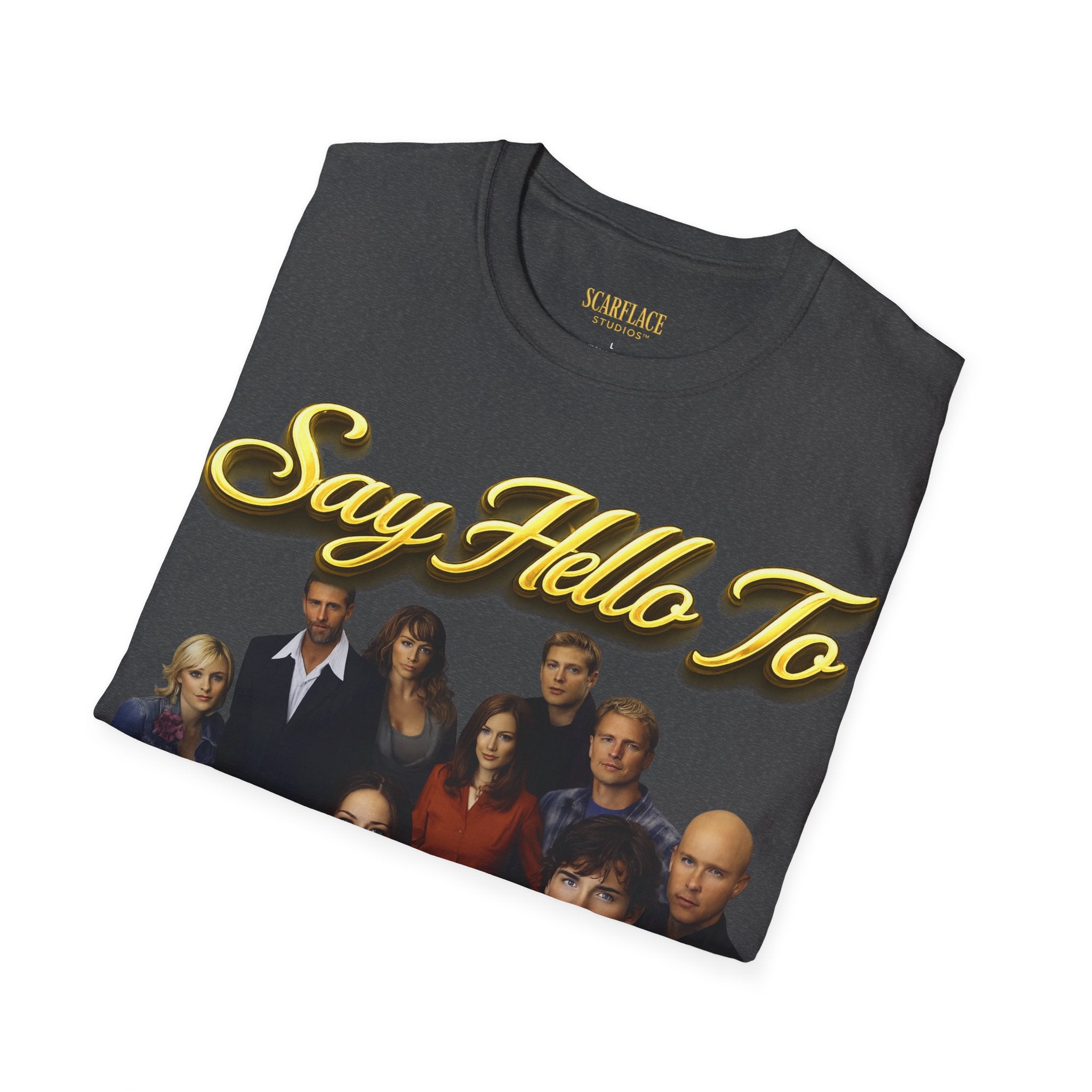 Smallville Cast T-Shirt – "Say Hello To" Kansas City Retro TV Logo Printify