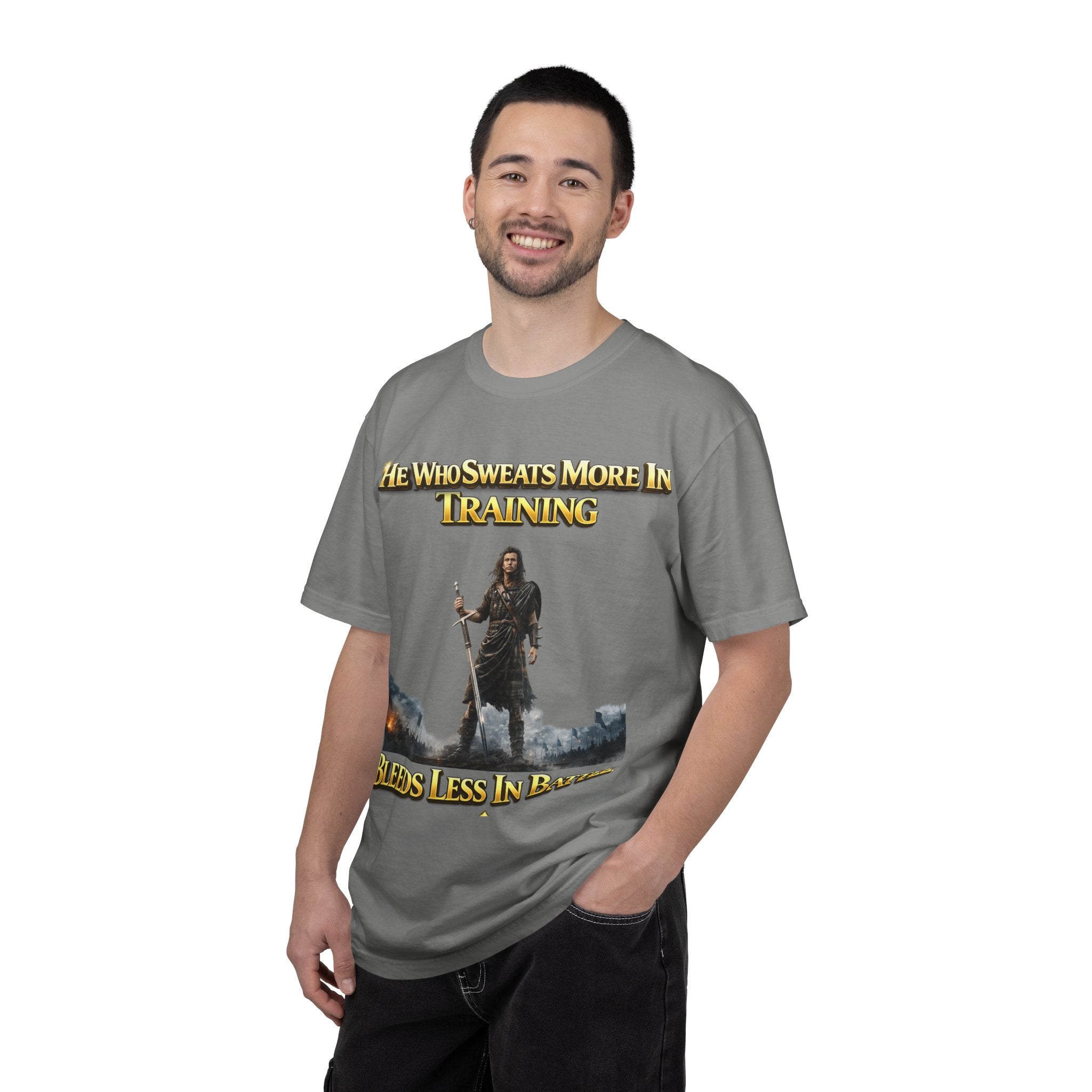 Training Warrior T-Shirt — "He Who Sweats More in Training Bleeds Less in Battle" Printify
